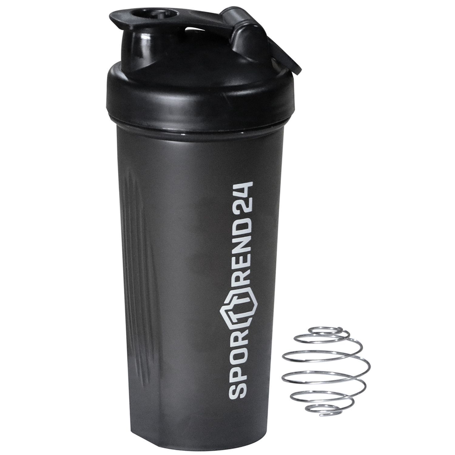 Schwarzer Shaker mit Klappdeckel und Metallkugel. Aufschrift 'SPORTTREND 24'.