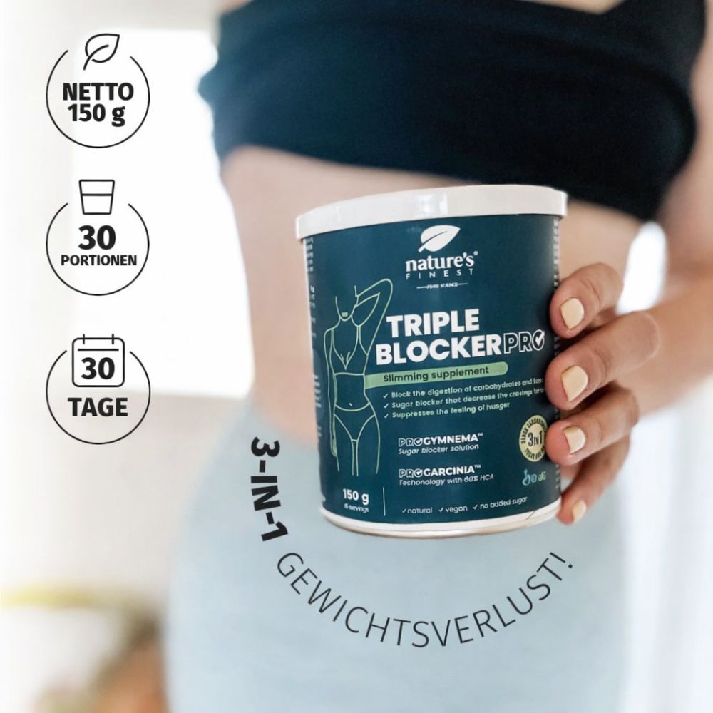 Nature's Finest Triple Blocker PRO Dose mit Glas Getränk. Pfeile zeigen Extrakte: Vitis vinifera, Ascophyllum, Gymnema, Garcinia, ID-alG.