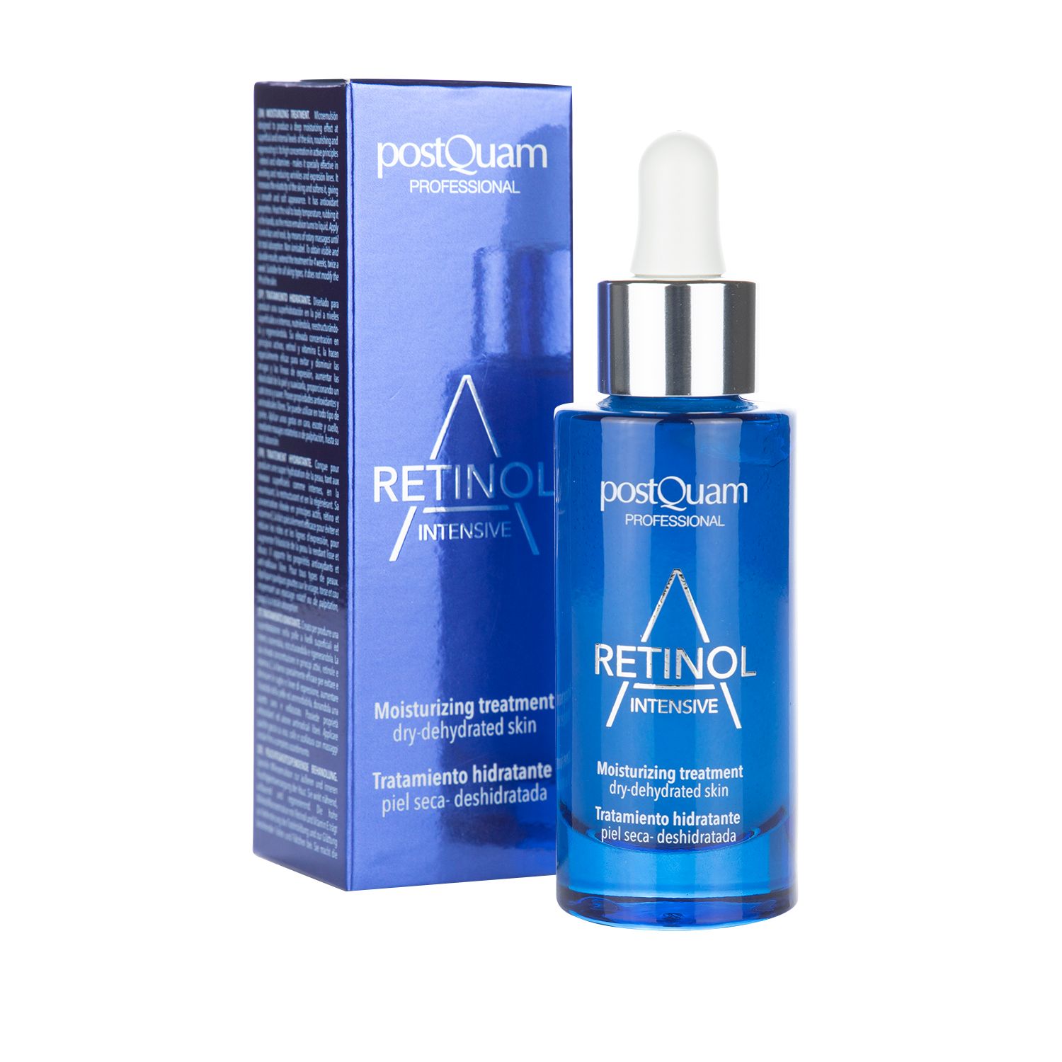Blaue Flasche mit Pipette und Karton. Aufschrift: Retinol Intensive, Postquam Professional. Feuchtigkeitspflege für trockene Haut.