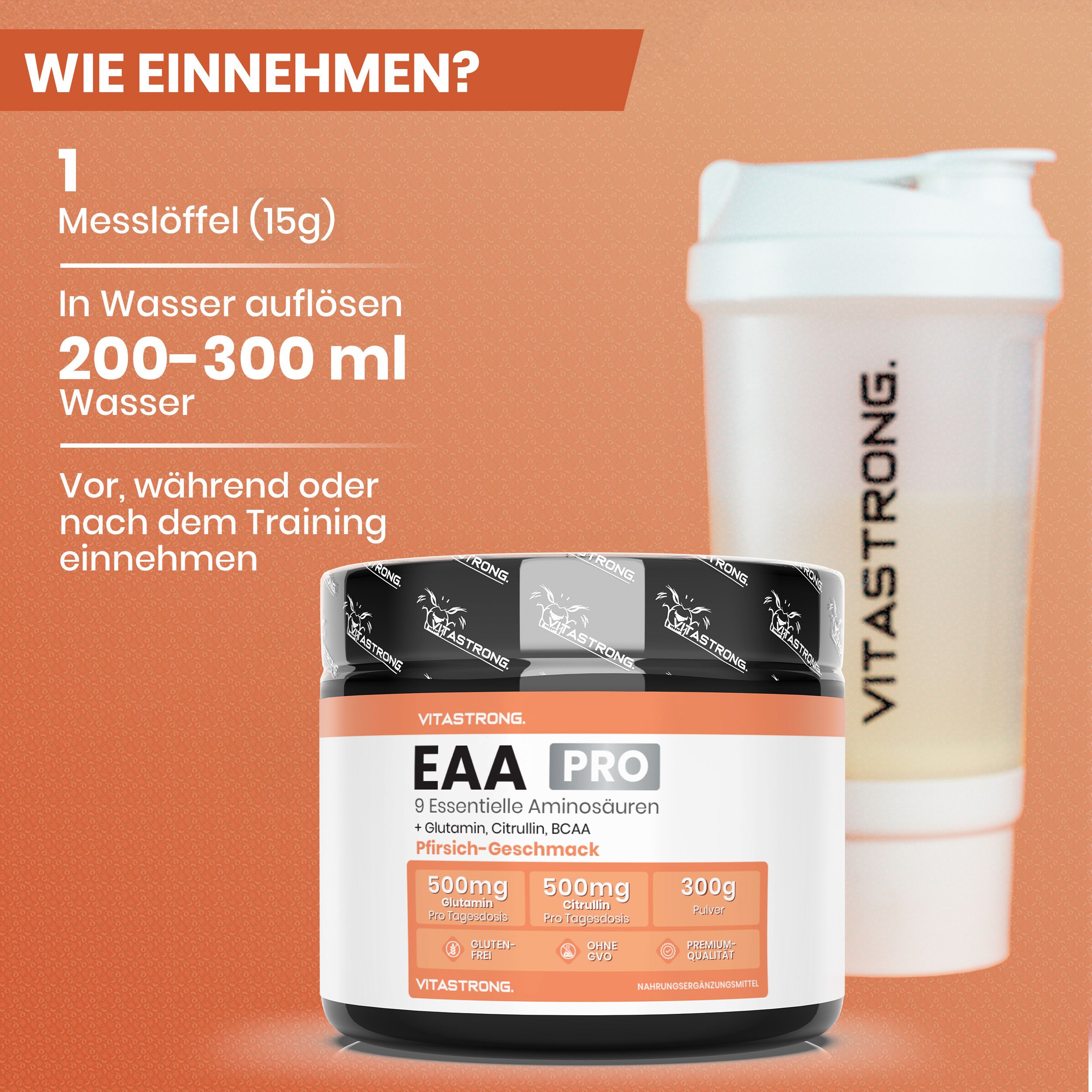 Vitastrong EAA Pro, Dose. 9 Aminosäuren, BCAA, Glutamin. Pfirsich-Geschmack. Shaker und Text.