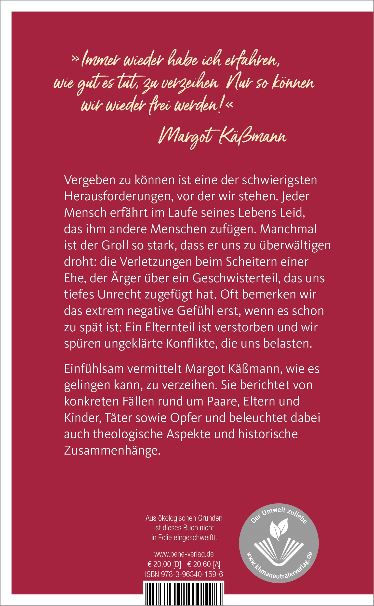 Buchrückseite mit Text. Titel "Vergebung". Autorin Margot Käßmann. Umweltzeichen. ISBN-Nummer.
