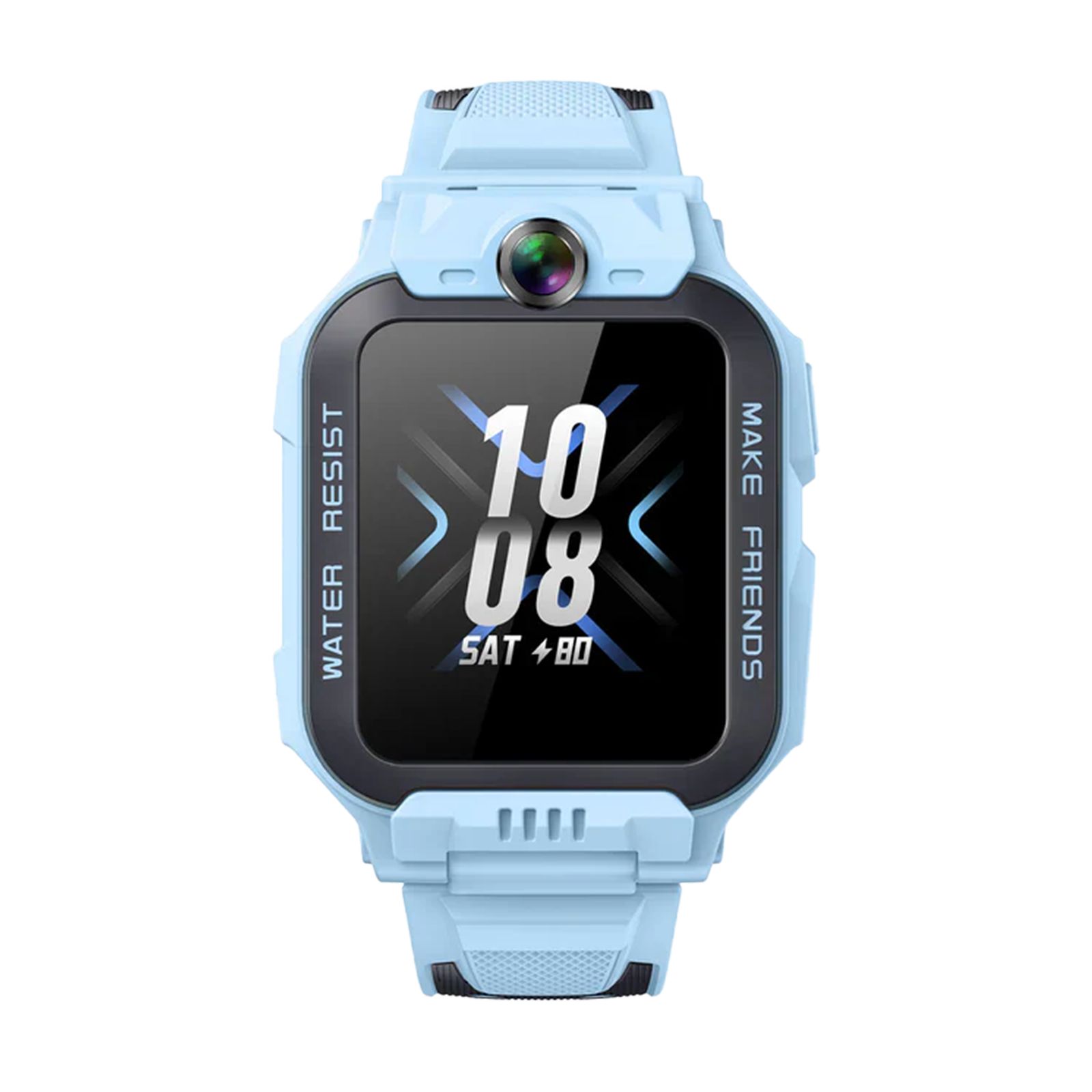 Hellblaue Smartwatch mit digitaler Zeitanzeige. Kamera oben. Text: WATER RESIST, MAKE FRIENDS. Schwarzer Rahmen.