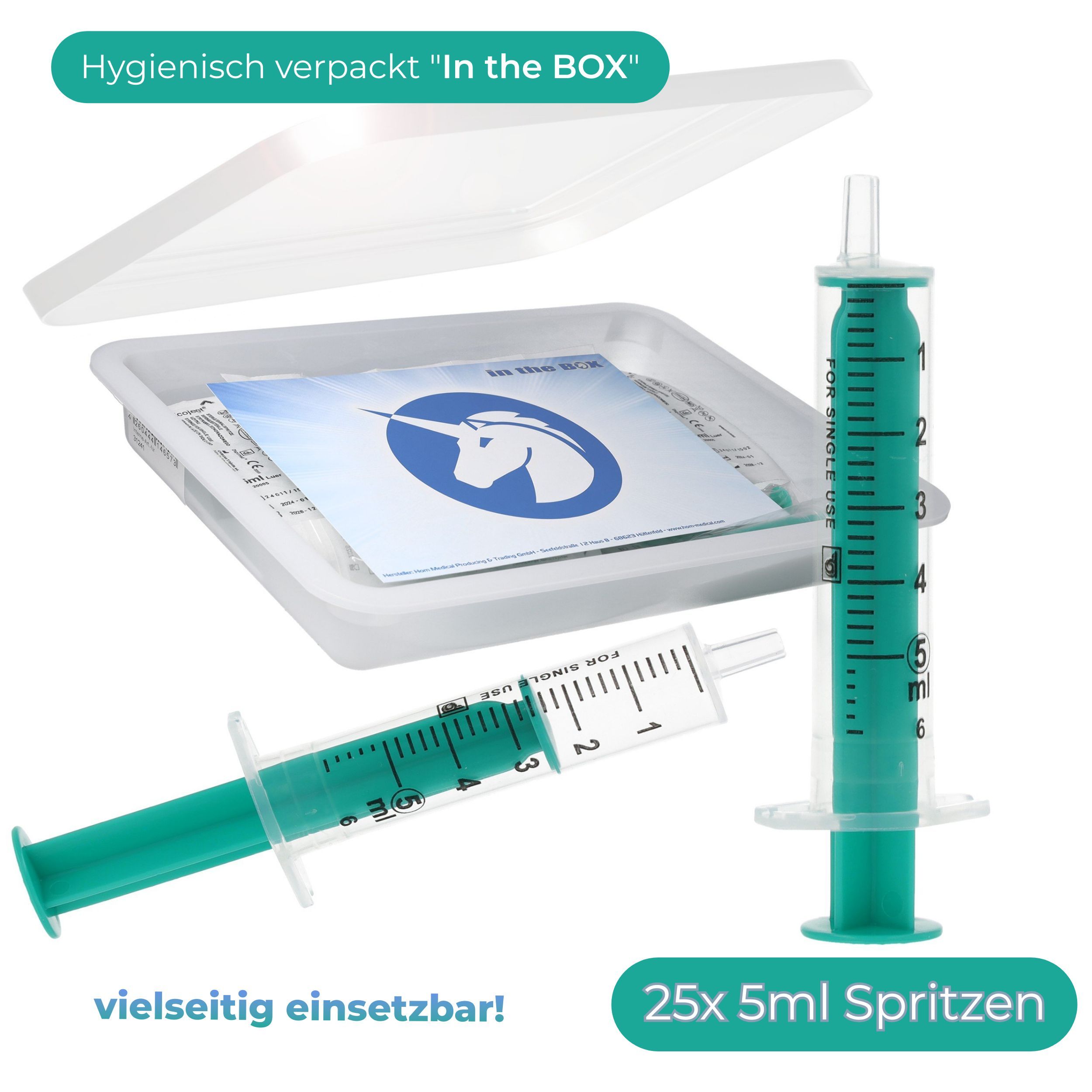 25x 5ml Spritzen hygienisch verpackt in einer Box mit Deckel.