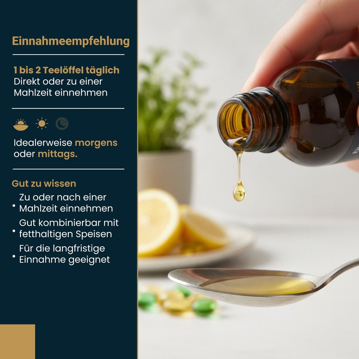 Hand gießt Omega-3-Öl aus einer Flasche in einen Löffel. Text: Einnahmeempfehlung. 1 bis 2 Teelöffel täglich. Morgens oder mittags.