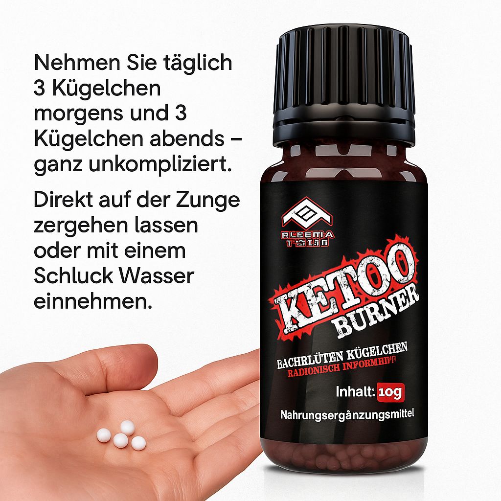 Hand hält Kügelchen. Daneben braune Flasche mit schwarzem Deckel. Aufschrift: KETOO BURNER, Bachblüten Kügelchen. Inhalt: 10 g.