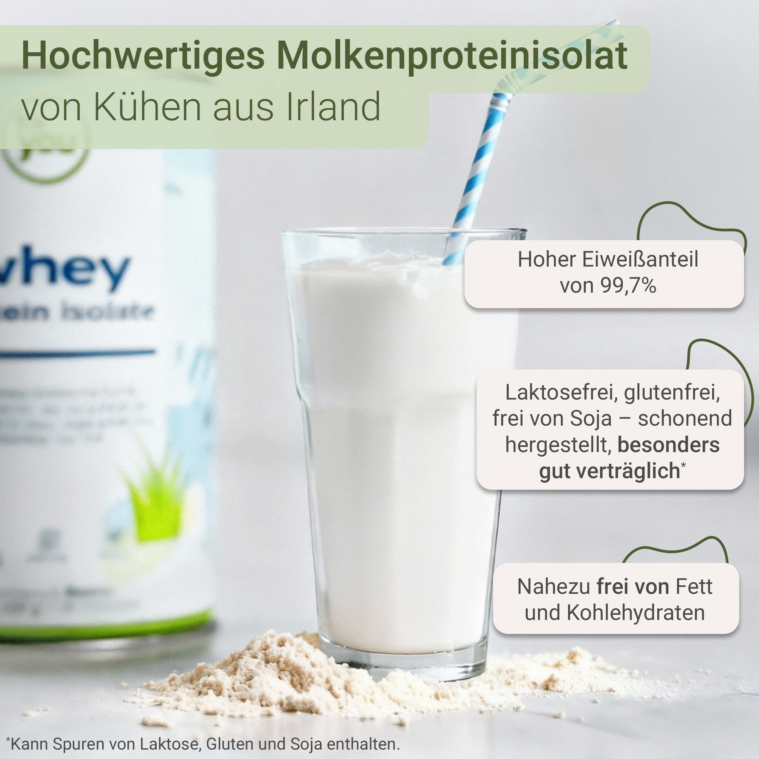 Glas mit weißem Getränk, Strohhalm. Pulver daneben. Text: Hoher Eiweißanteil, laktosefrei, nahezu frei von Fett und Kohlenhydraten.