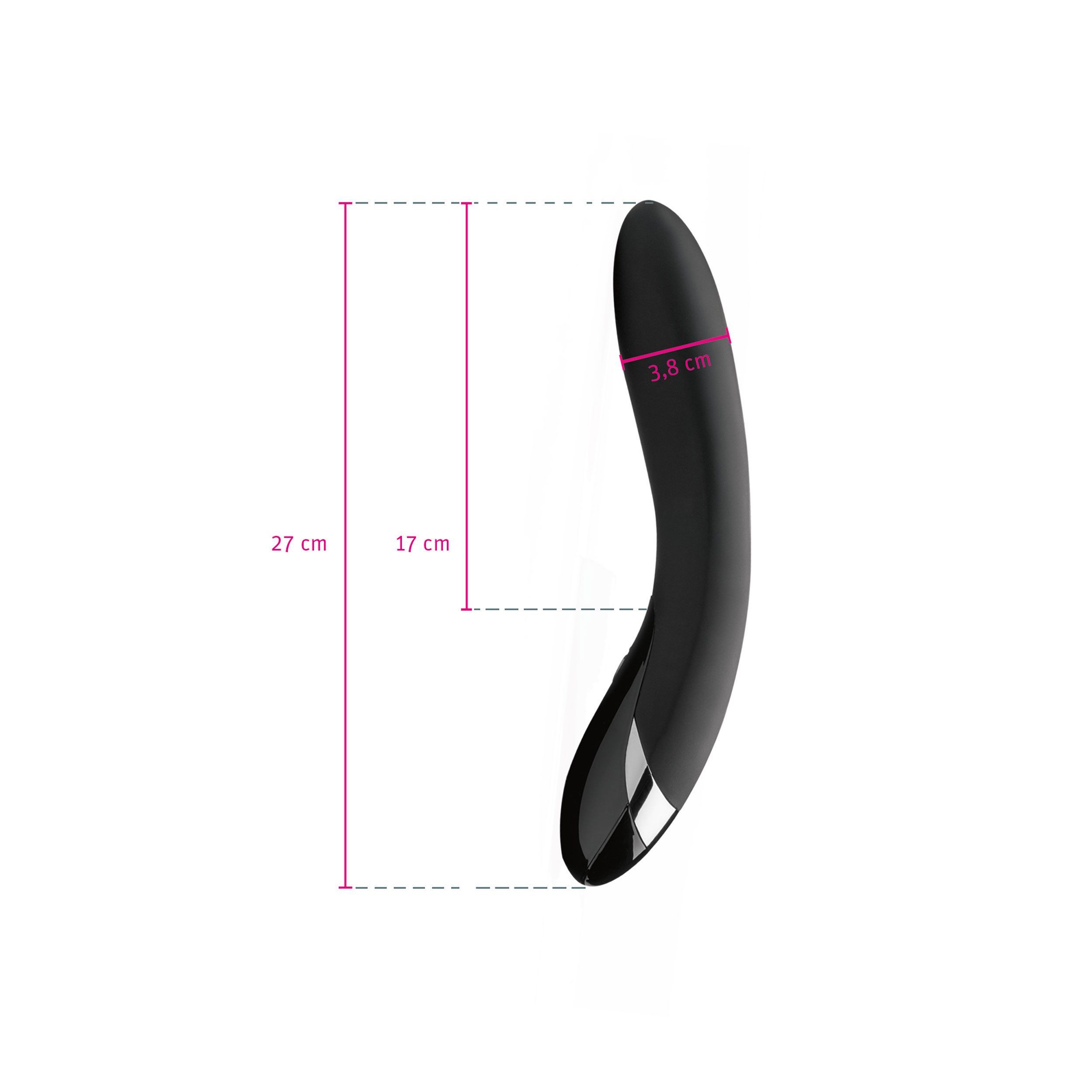 Schwarzes Wellness-Produkt. Maße: 27 cm lang, 3,8 cm breit. Bedienfeld mit Tasten. Marke nicht sichtbar.