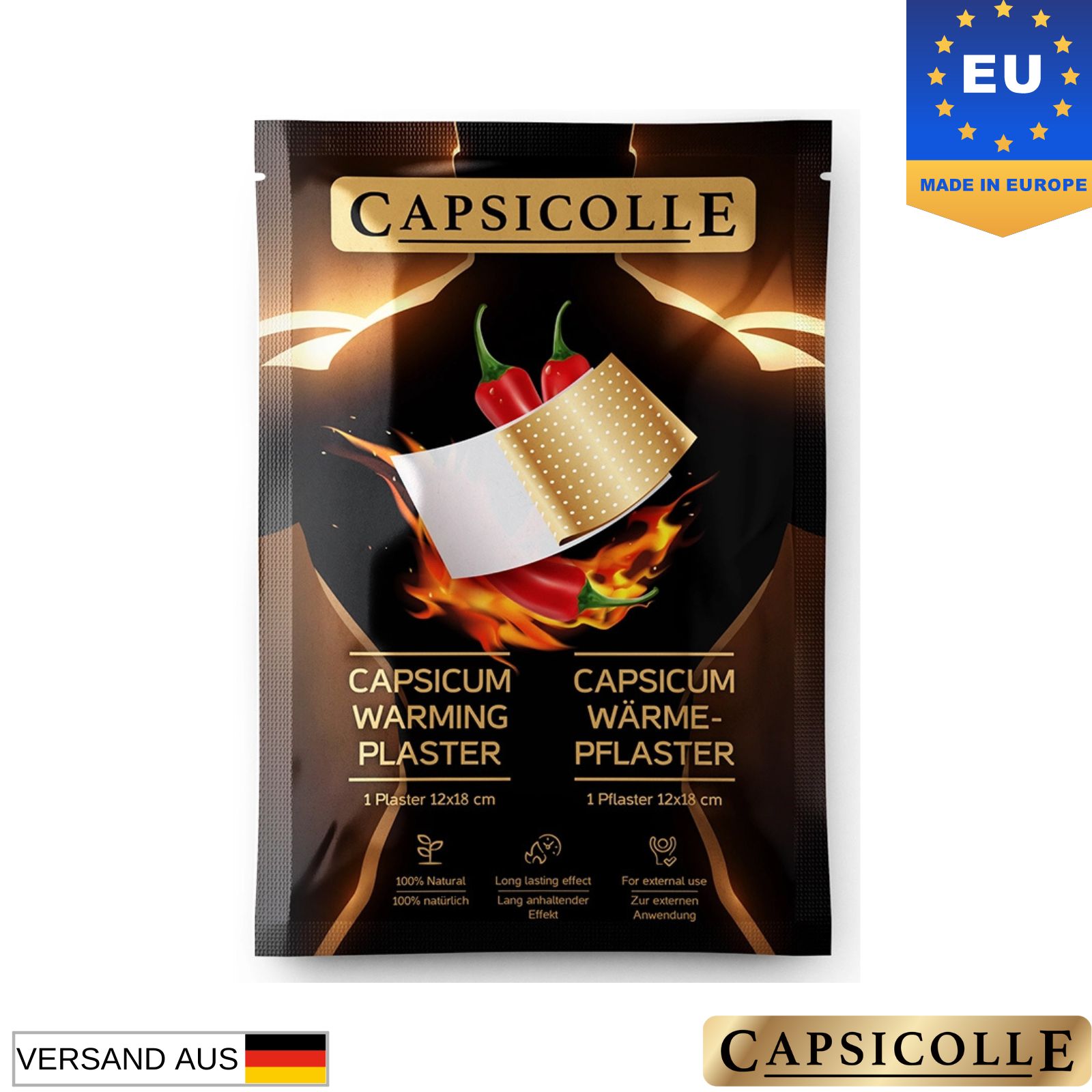 Verpackung mit Capsicolle Wärmepflaster. Enthält ein Pflaster 12x18 cm. Mit EU-Siegel und Aufschrift "Made in Europe".