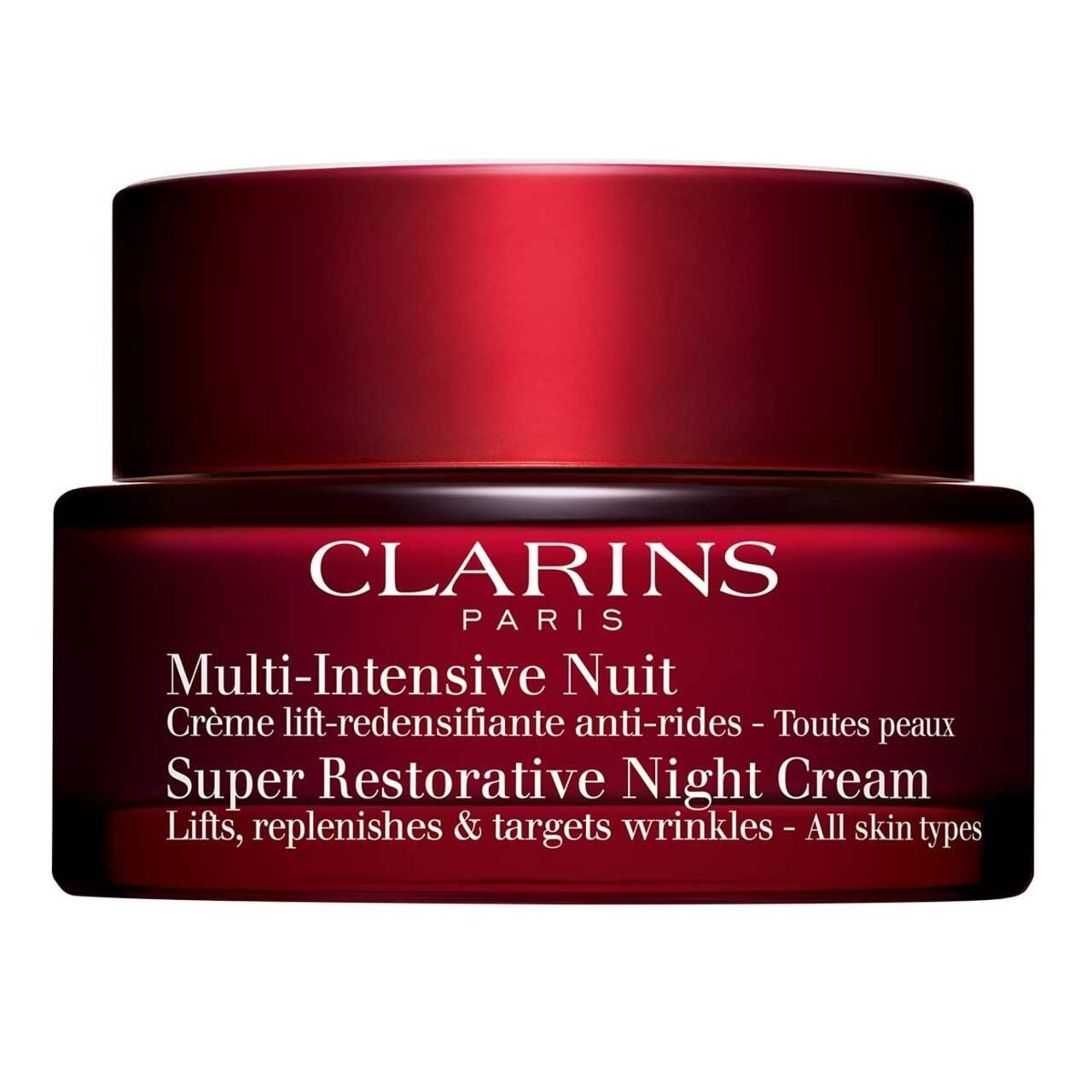 Roter Tiegel mit schwarzem Deckel. Aufschrift: Clarins, Multi-Intensive Nuit, Super Restorative Night Cream. Für alle Hauttypen.