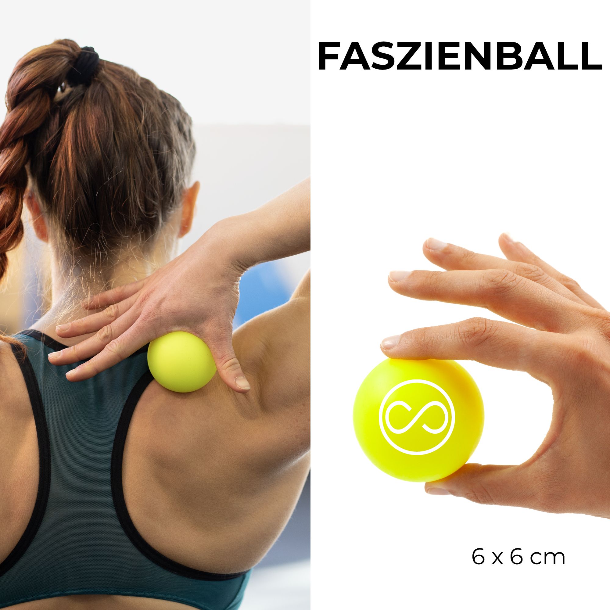 Collage: Frau massiert Seite, Hüfte, Rücken mit Massagebällen.