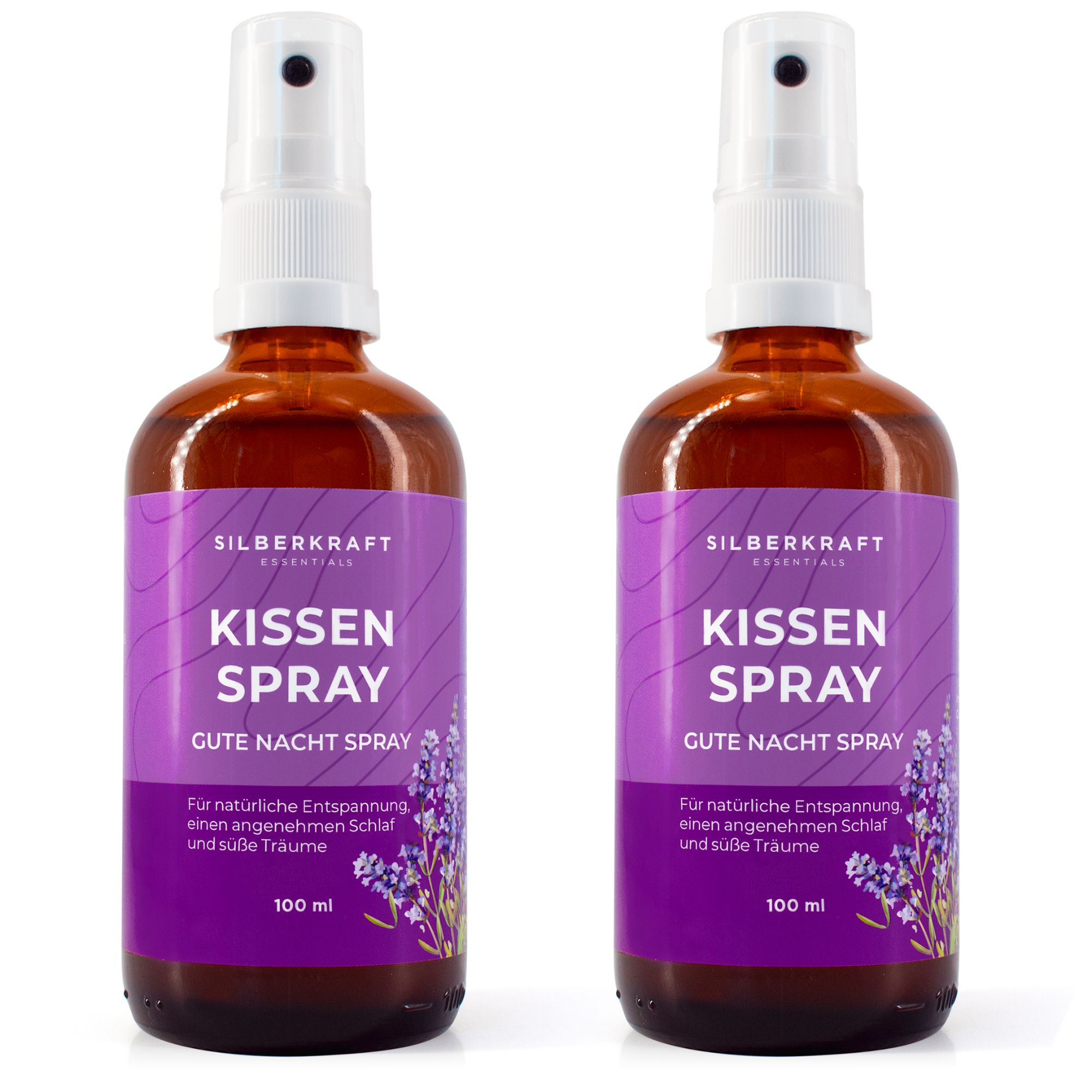 Zwei braune Glasflaschen mit Sprühkopf und lila Etikett. Aufschrift: Kissen Spray, 100 ml.