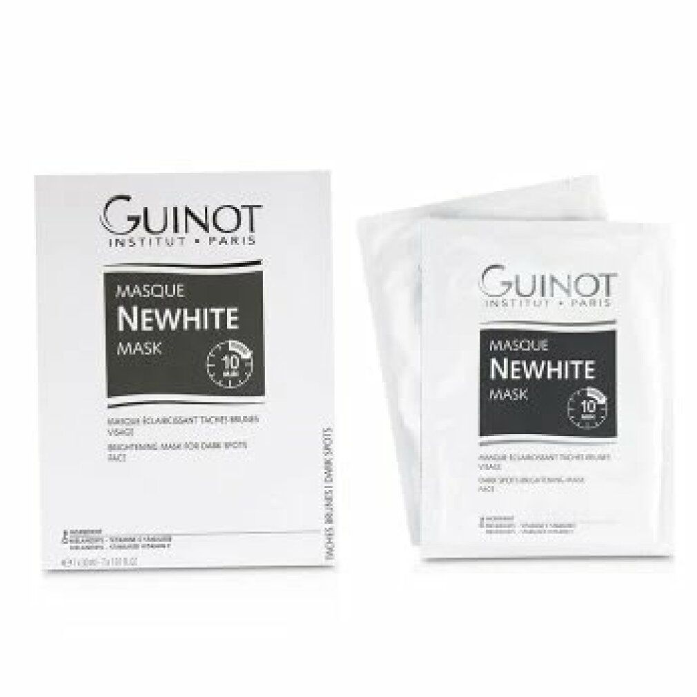 Guinot Newhite Mask Einzelpackung und Schachtel. Aufschrift: Newhite, Masque, 10 Min. Marke: Guinot. Beschreibung: Brightening Mask for Dark Spots, Face.