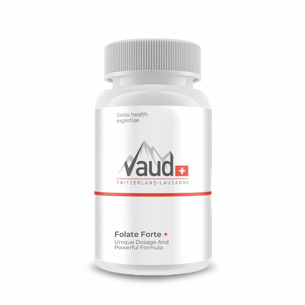 Weiße Flasche mit Schraubverschluss. Aufschrift: Vaud, Folate Forte +. Schweizer Gesundheitskompetenz. Roter Streifen.