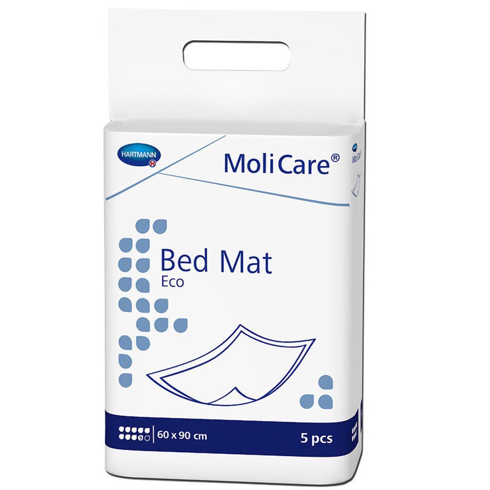 MoliCare® Bed Mat Eco. Weiße Verpackung mit Produktabbildung und Logo. Größe 60x90 cm, 5 Stück.