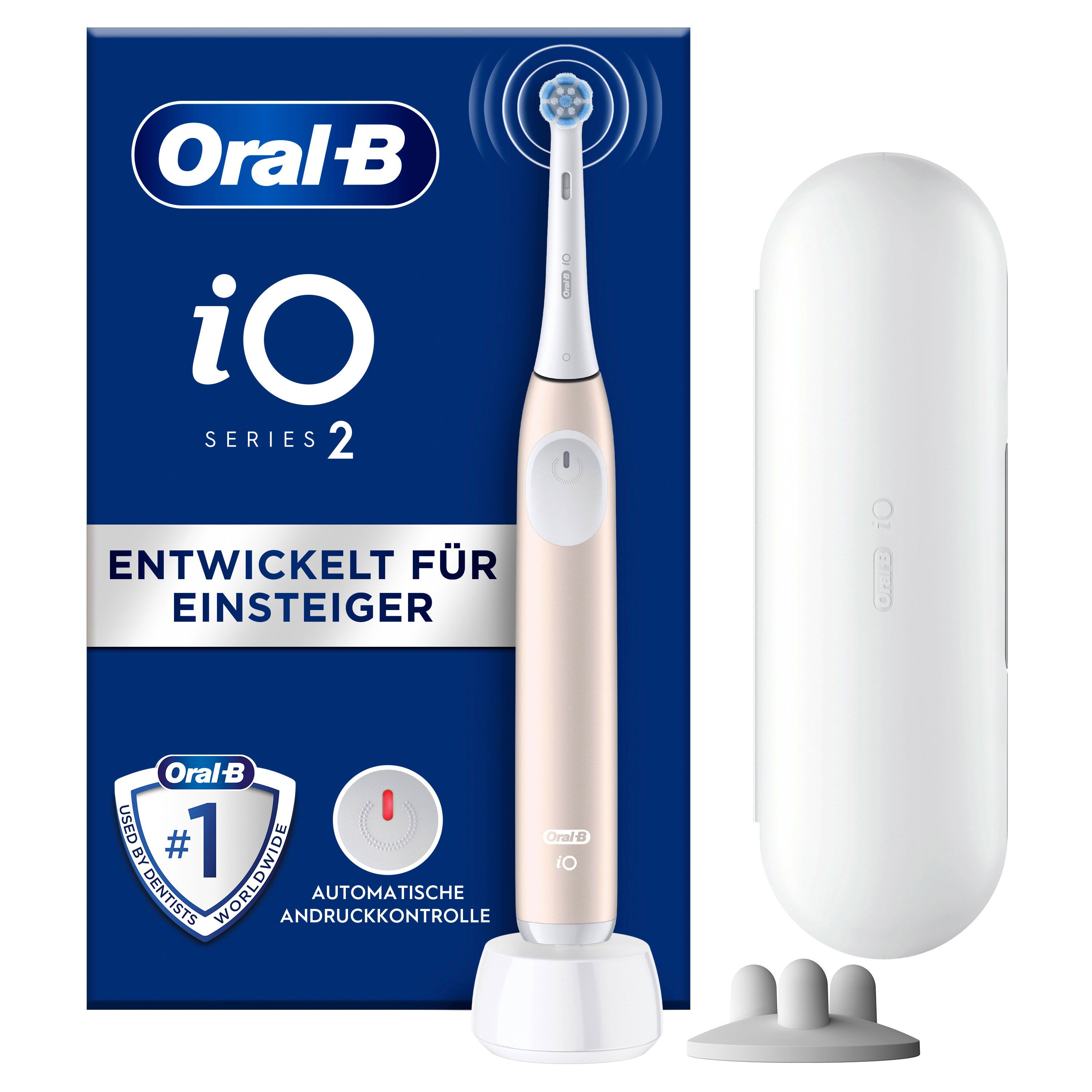 Elektrische Zahnbürste mit Ladestation, Reiseetui und Ersatzbürsten. Marke: Oral-B iO Series 2. Farbe: Rosa-Weiß.