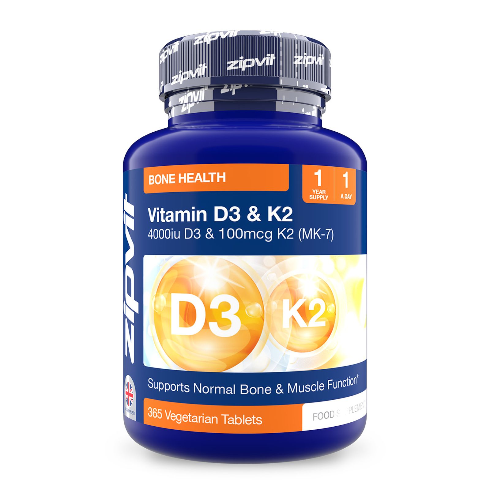 Blaue Flasche Zipvit Vitamin D3 & K2. Aufschrift: 4000iu D3 & 100mcg K2 (MK-7). 365 vegetarische Tabletten. 1 Jahr Vorrat.