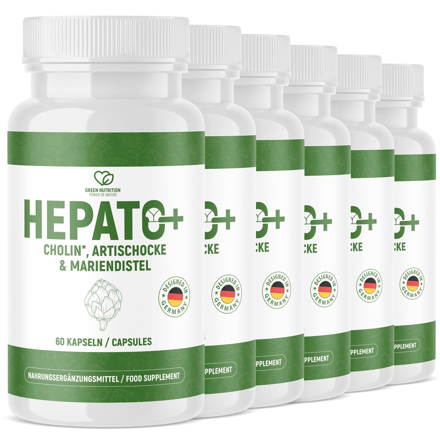 Sechs Flaschen Hepato+ Nahrungsergänzungsmittel mit Artischocke und Mariendistel, 60 Kapseln pro Flasche.