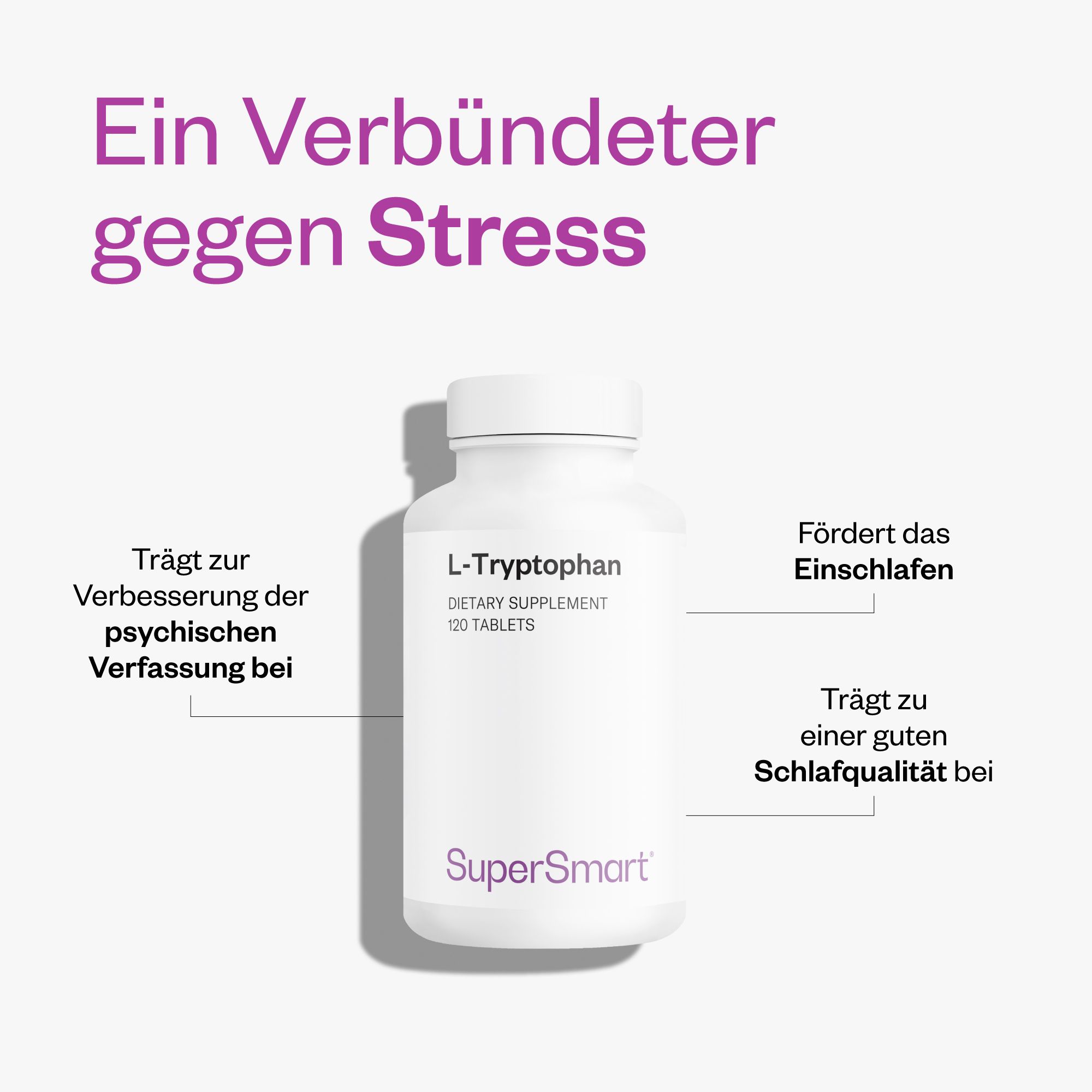 Weiße Flasche L-Tryptophan, 100 Tabletten. SuperSmart-Logo. Text: Fördert die psychische Verfassung, Schlafqualität, Einschlafen.