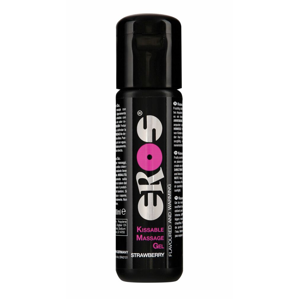 Schwarze Flasche mit "EROS"-Logo und Text. "Kissable Massage Gel - Strawberry" steht darunter.