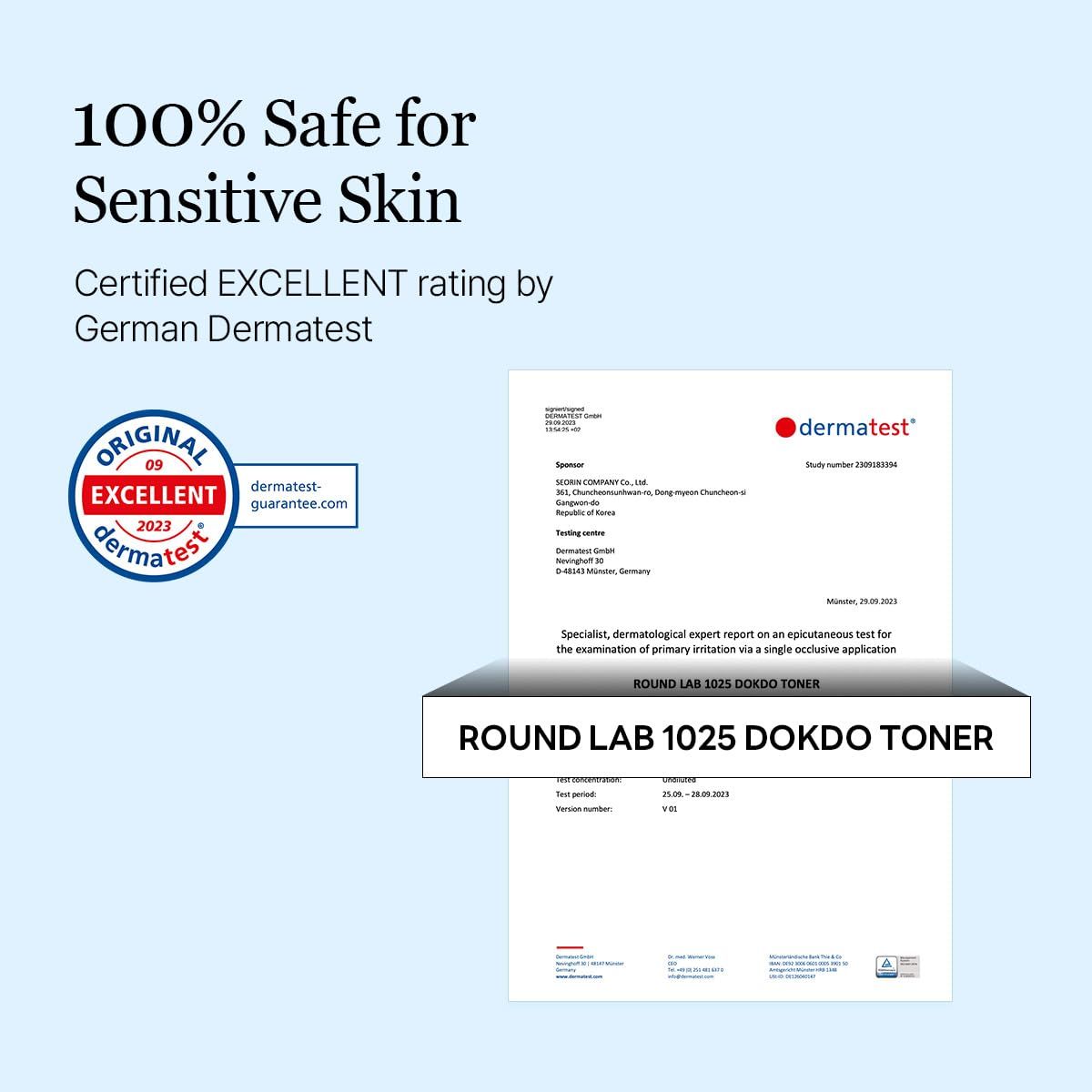 Zertifizierungsdokument. Zertifizierung durch German Dermatest. Produktname: ROUND LAB 1025 DOKDO TONER.