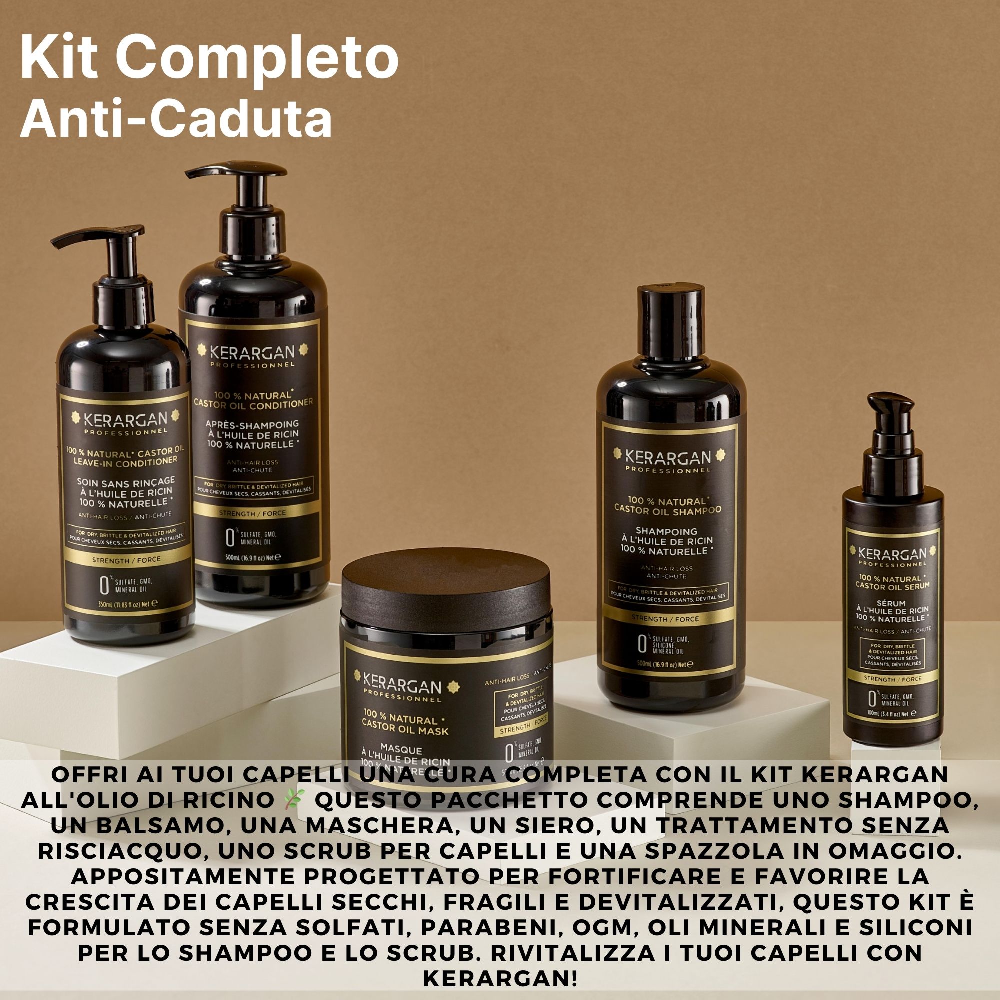 Shampoo Kerargan. Flacone nero con etichetta. Testo: 100% Natural Castor Oil Shampoo. Anti-caduta. 500ml.