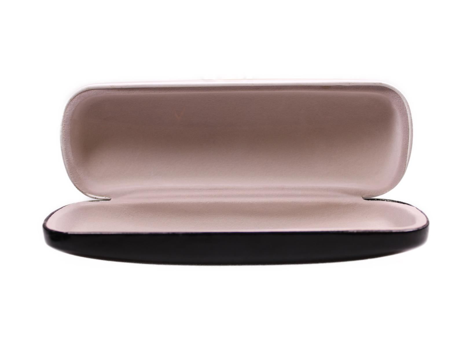 Hartschalen Etui Schwarz/Weiß mit Tiger & Elefant. Geöffnete Ansicht. Schwarzer Rahmen, hellrosa Innenfutter.