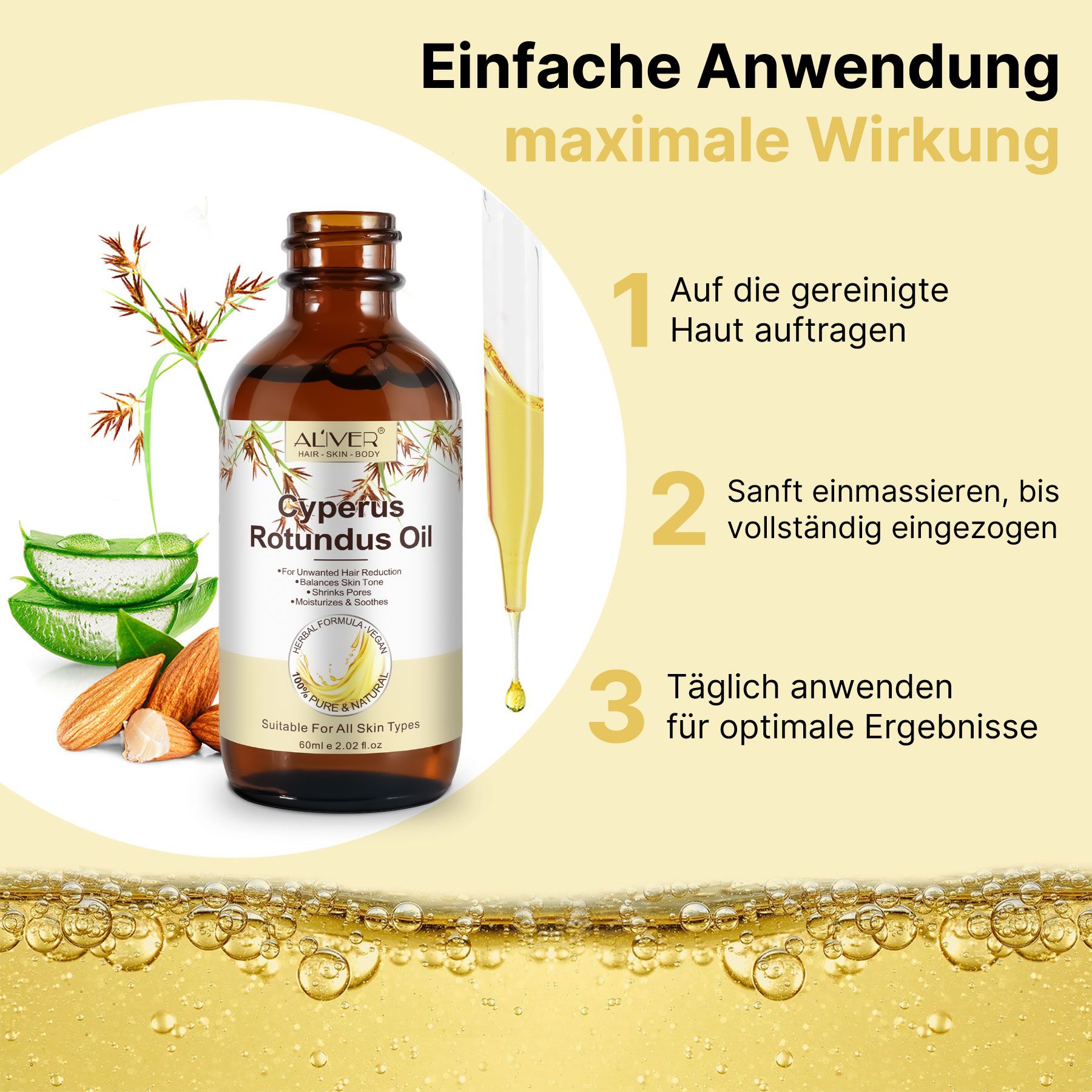 Schritte zur Anwendung von Aliver Cyperus Rotundus Öl für optimale Ergebnisse.
