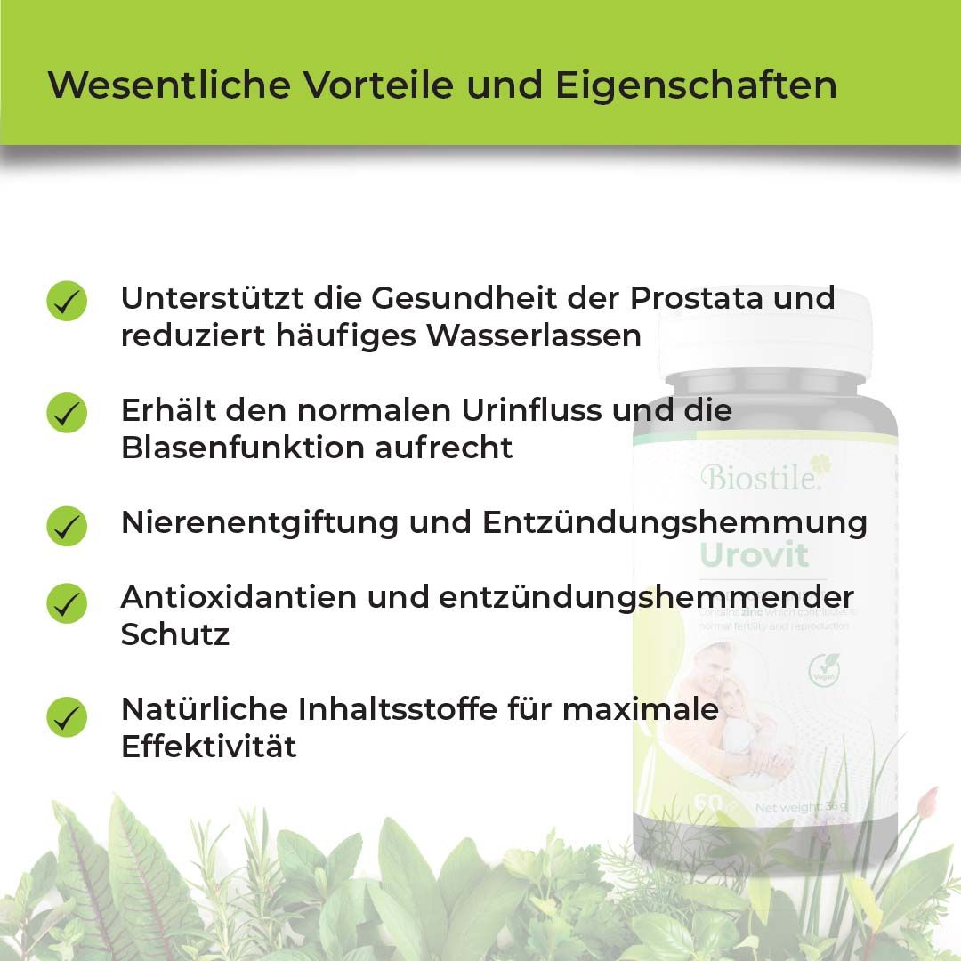 Text: Wesentliche Vorteile und Eigenschaften. Unterstützt Prostata, reduziert häufiges Wasserlassen. Illustrationen.