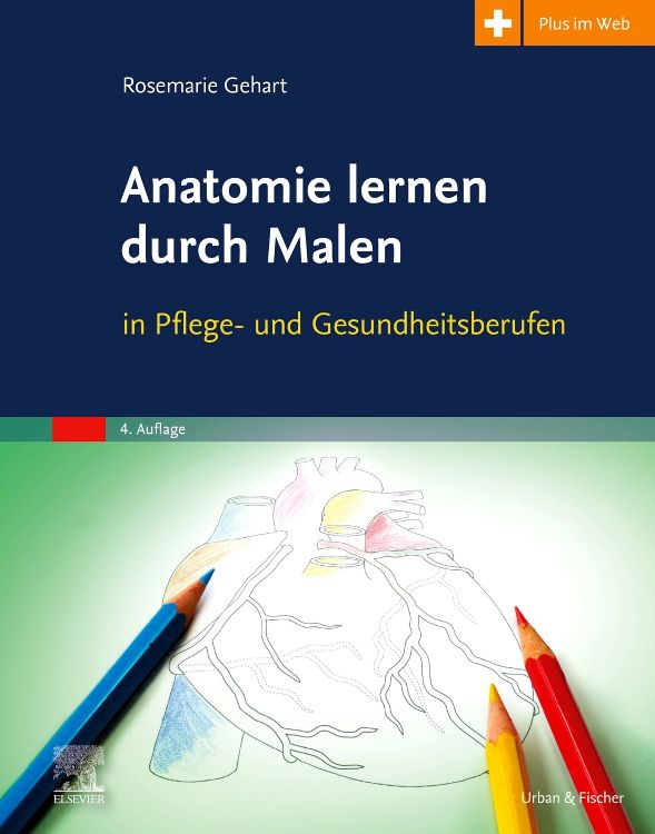 Buchcover: Anatomie lernen durch Malen. Titel, Autor, farbige Bleistifte und eine Zeichnung des Herzens.