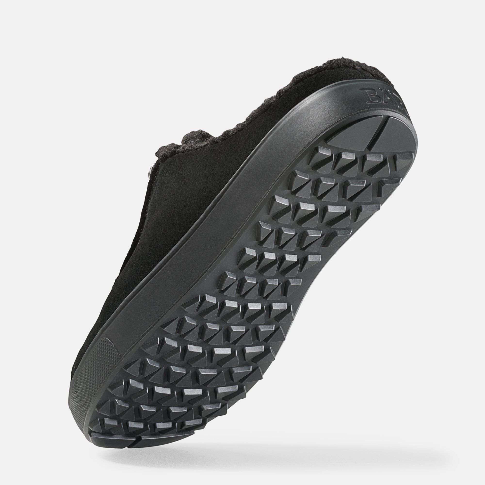 Schwarze Pantolette von unten. Die Sohle hat ein geometrisches Profil. Das Obermaterial ist aus Wildleder.