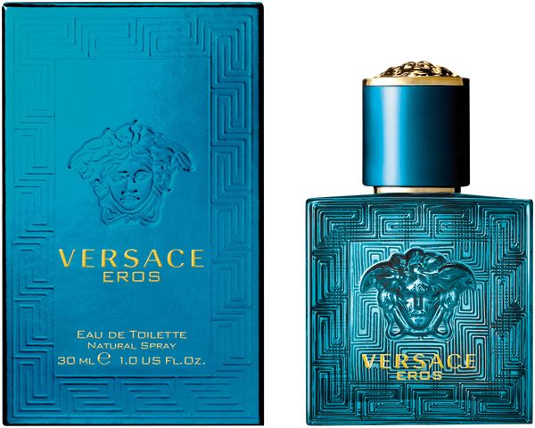 Türkisfarbener Flakon und Verpackung von Versace Eros. Flakon mit Medusa-Logo und geometrischem Muster. Verpackung mit Logo und Text.