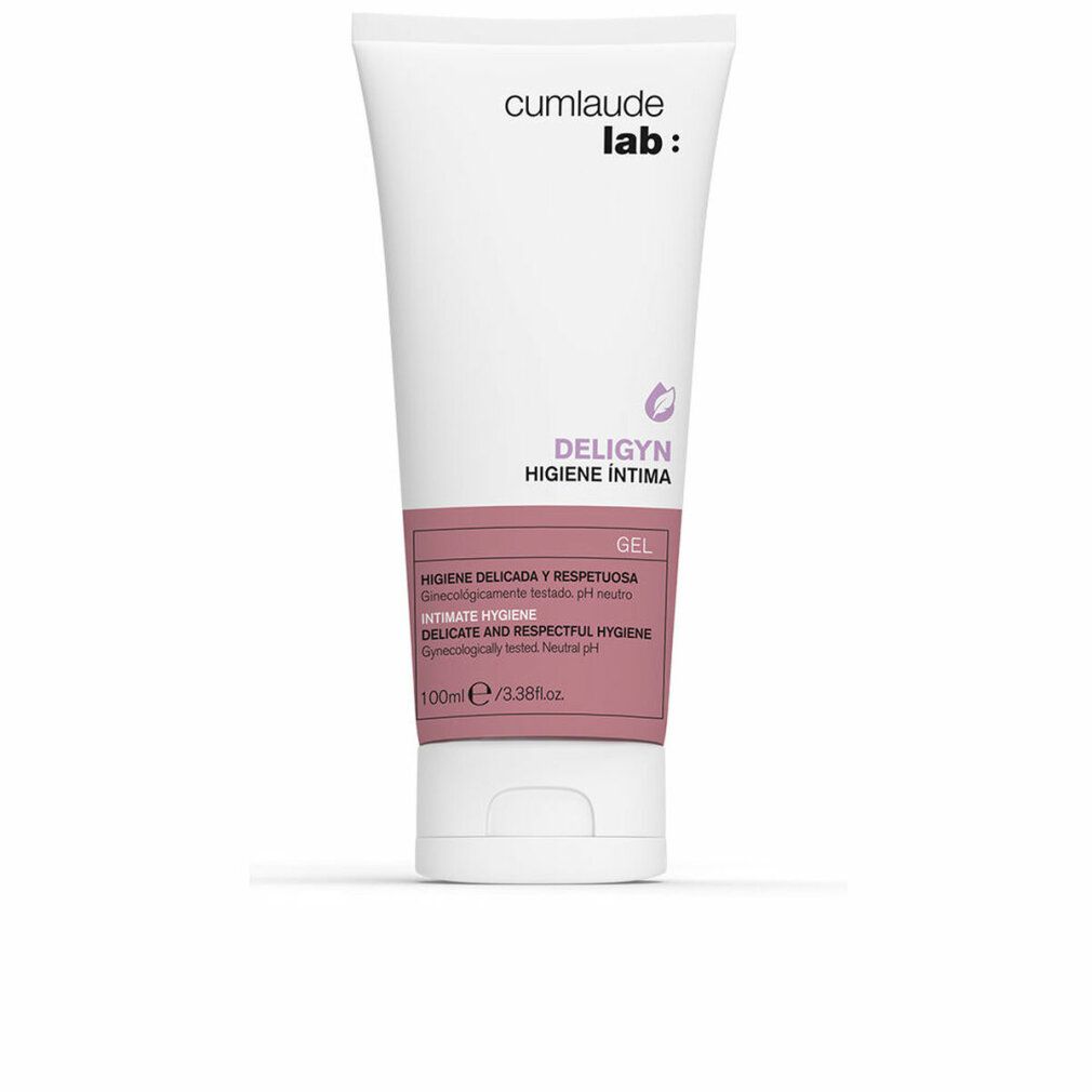 Weiß-rosa Tube mit Produktbezeichnung und Text. Marke: cumlaude lab. Aufschrift: DELIGYN Hygiene Intima.