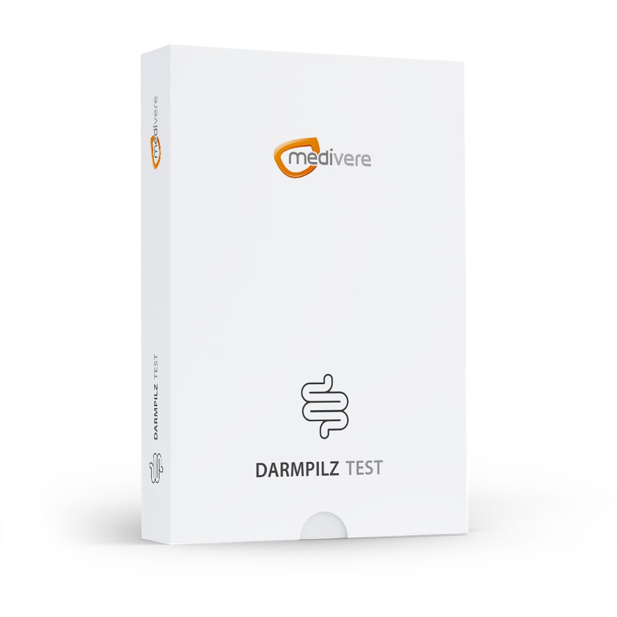 Weiße Produktverpackung mit Logo und Schriftzug "Darmpilz Test". Marke: medivere. Aufdruck: Darm-Symbol.