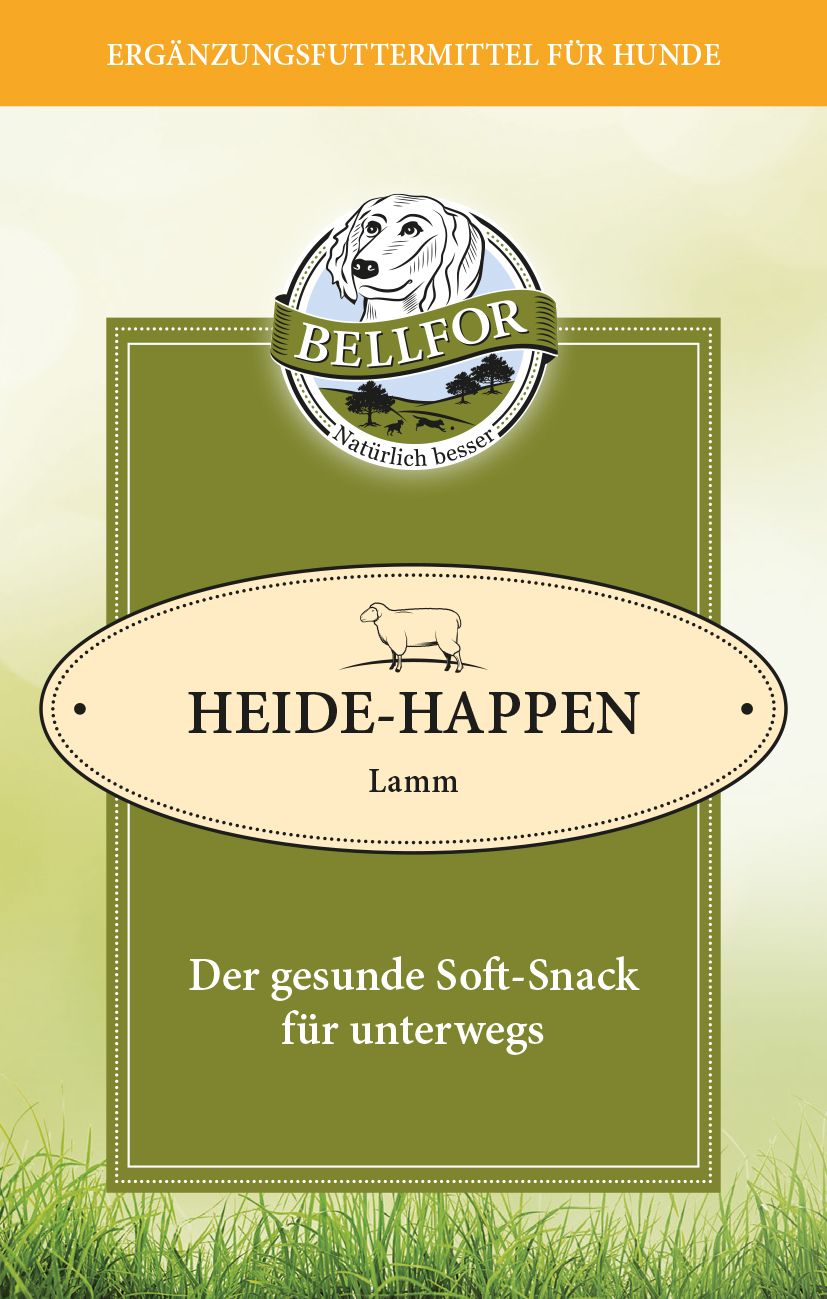 Verpackung von Bellfor Heide-Happen. Grün-weißes Design mit Logo, Schaf und Text.