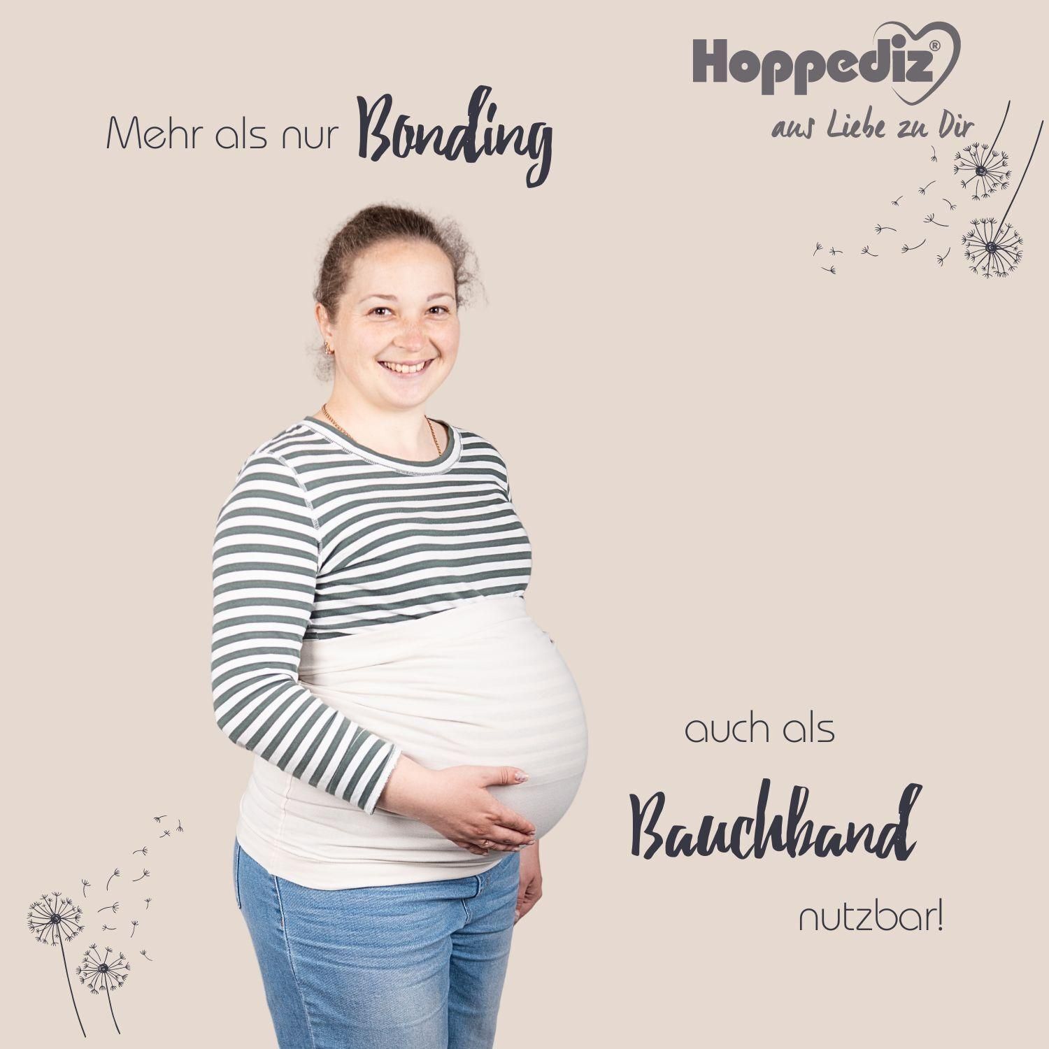 Schwangere Frau mit BondingTop M natur HOPPEDIZ. Text: Mehr als nur Bonding, auch als Bauchband nutzbar!