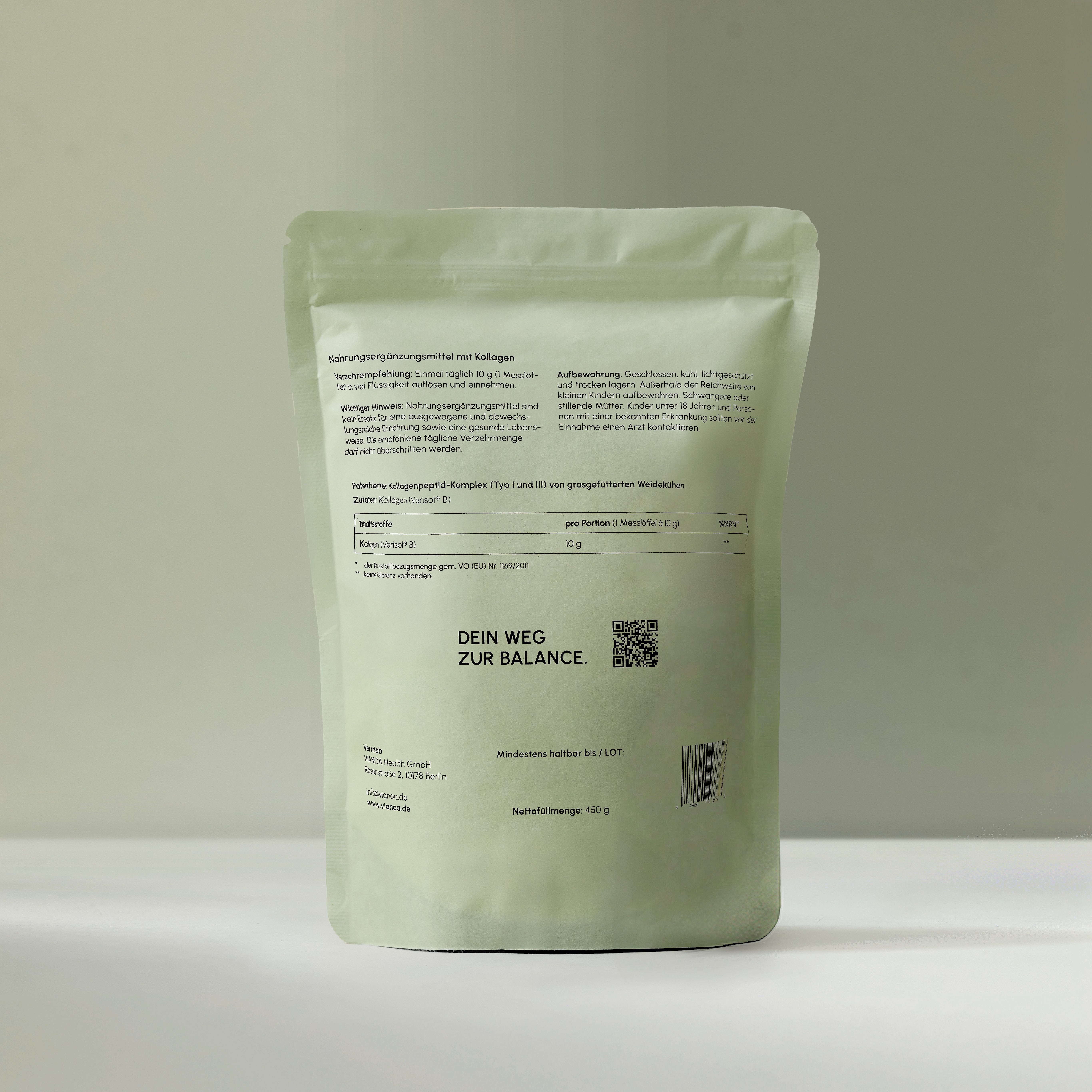 Rückseite eines VIANOA Kollagen Peptide Beutels mit Nährwertangaben und Hinweisen.