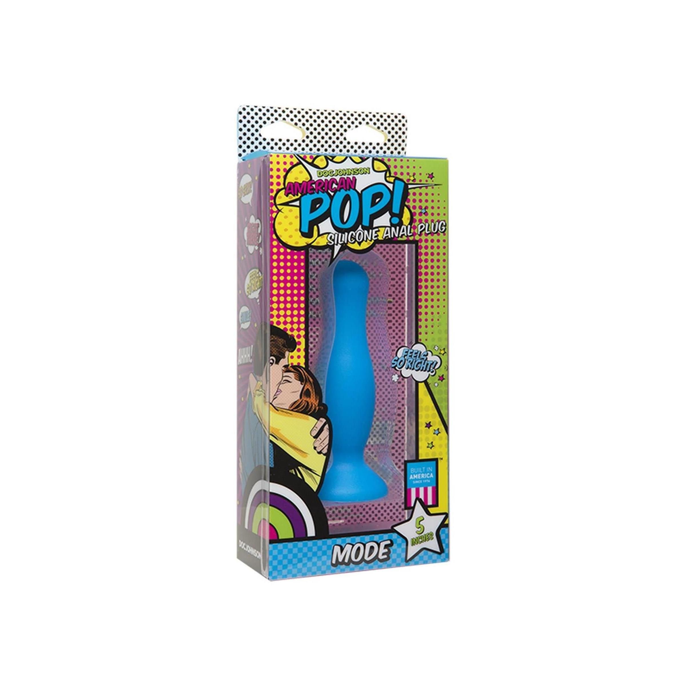 Blauer Analplug in Verpackung. Aufschrift "MAGIC POP!" und "SILICONE ANAL PLUG". Verpackung mit Comic-Design.