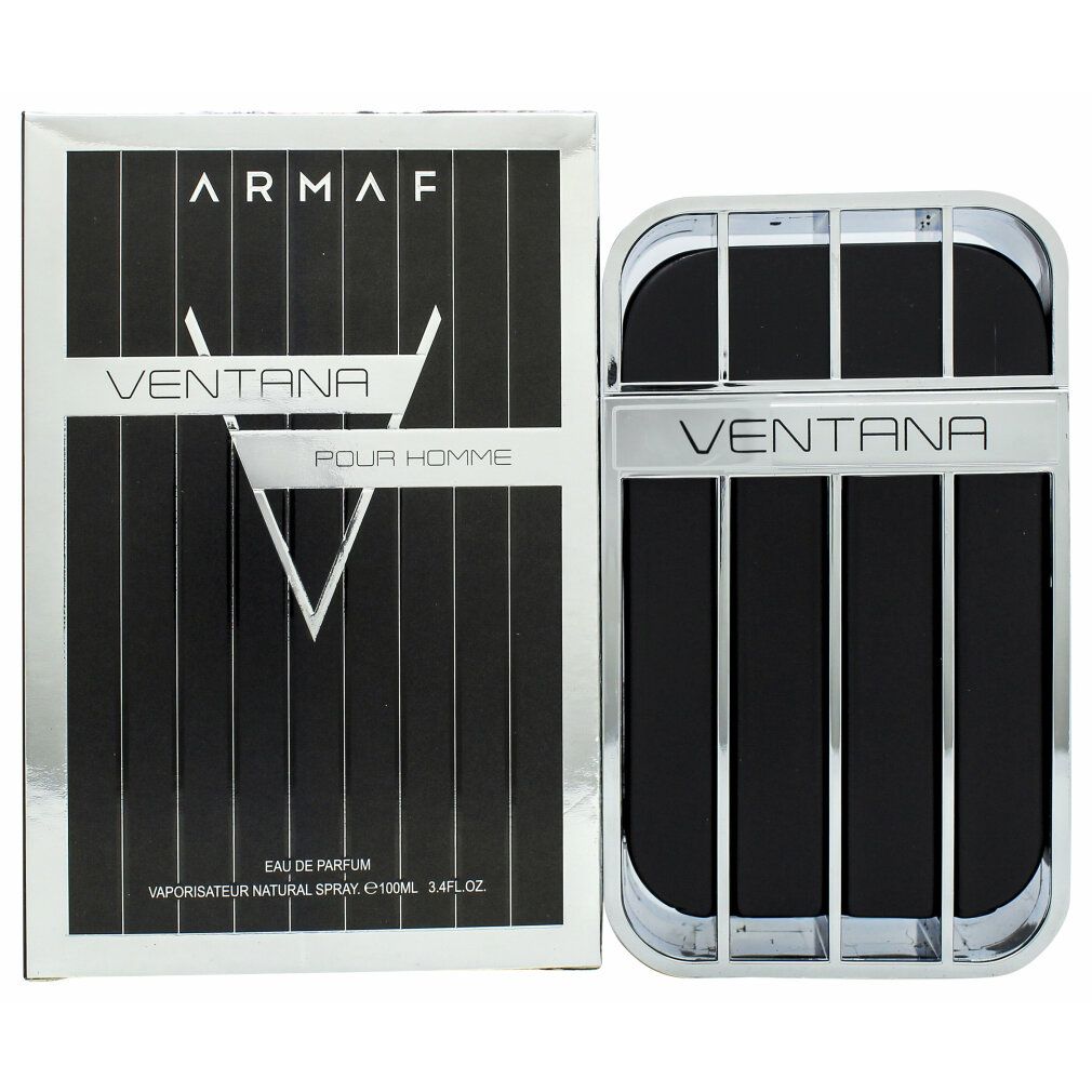 Flakon und Verpackung von Armaf Ventana Pour Homme. Schwarze Flasche mit silbernen Details. Verpackung mit Markenlogo und Produktnamen.
