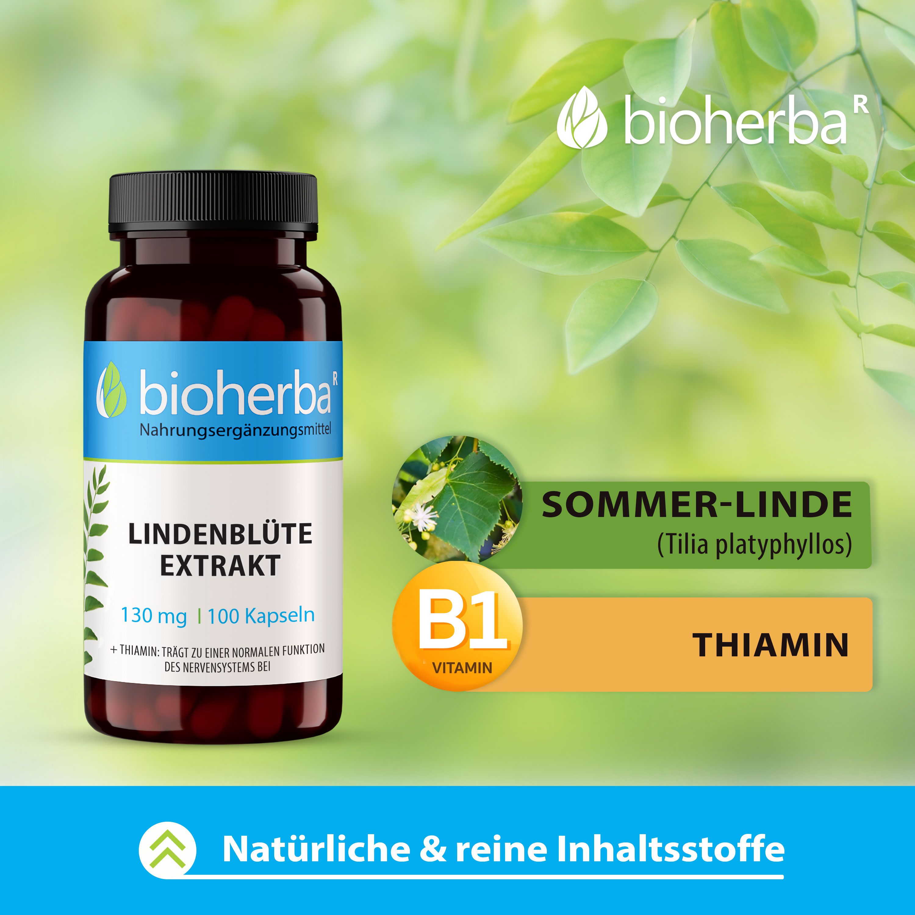 Braune Flasche mit schwarzem Deckel. Etikett mit Produktname und Marke. Zusätzliche Informationen und Blätter.