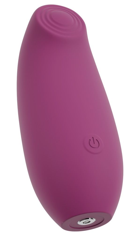 Ovale, rosa Stimulator mit geriffeltem Kopf und Ein-/Ausschalter. Unterseite mit Ladeanschluss.
