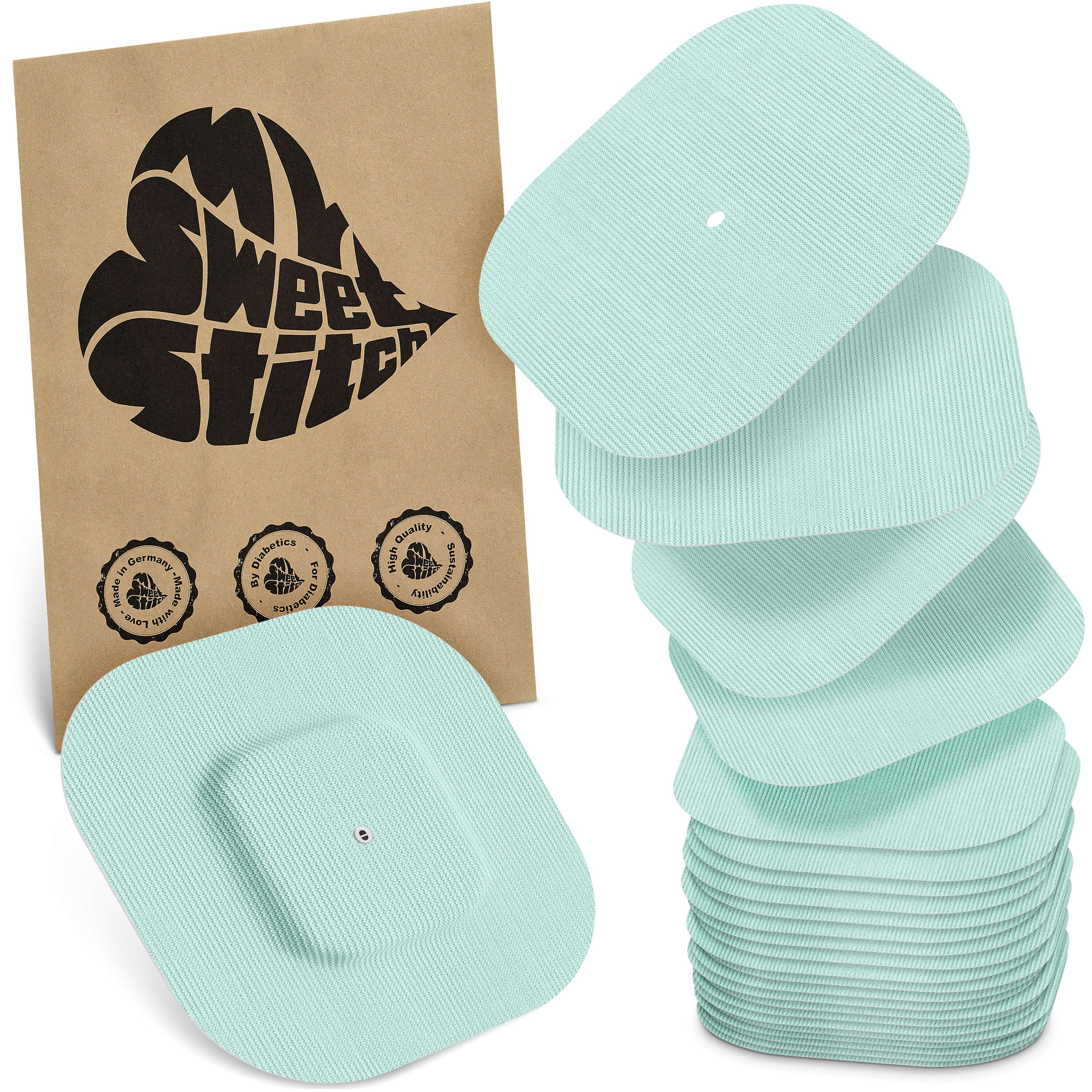 Hellgrüne, quadratische Pflaster mit abgerundeten Ecken. Auf brauner Verpackung ist "MySweetStitch" und Qualitätssiegel abgebildet.