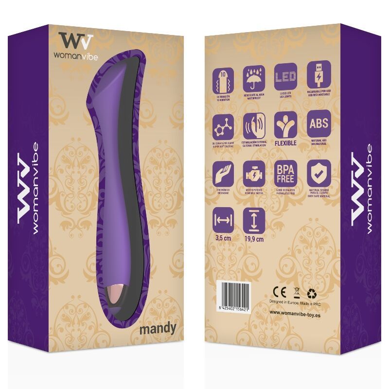 Produktverpackung. Lila Vibrator in einer Box mit Logos und Produktinformationen. Maße: 3,5 cm x 19,9 cm. Marke: Womanvibe.