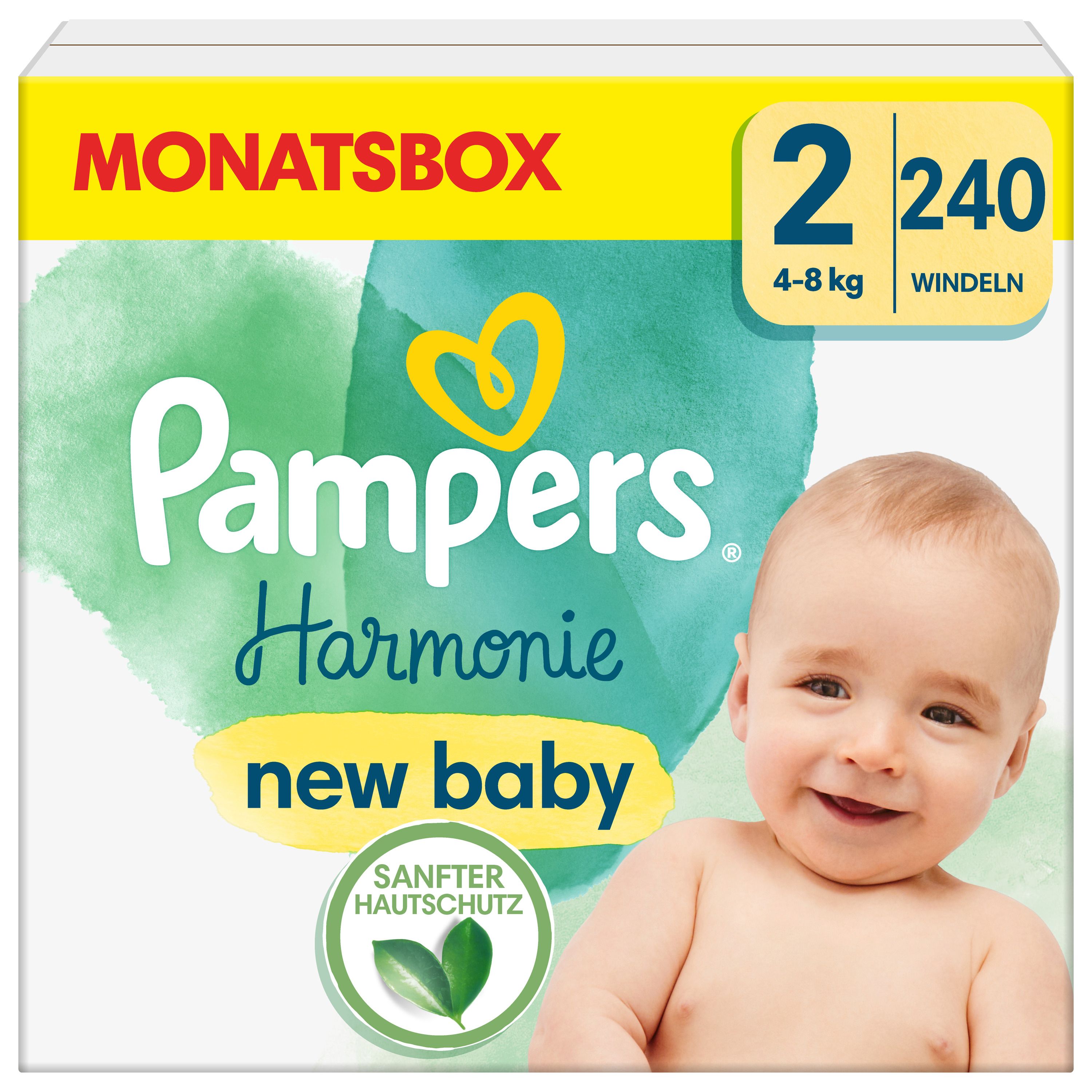 Pampers Harmonie Windeln, Gr. 2, 4-8 kg, Packung mit Baby-Illustration. Text: "Monatsbox", "new baby", "Sanfter Hautschutz".