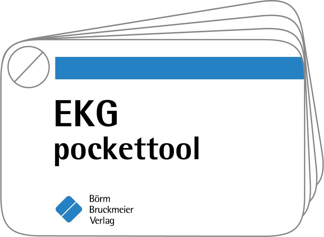 EKG pockettool. Kartenstapel mit blauem Balken und Logo. Schriftzug: EKG pockettool. Verlag: Börm Bruckmeier Verlag.