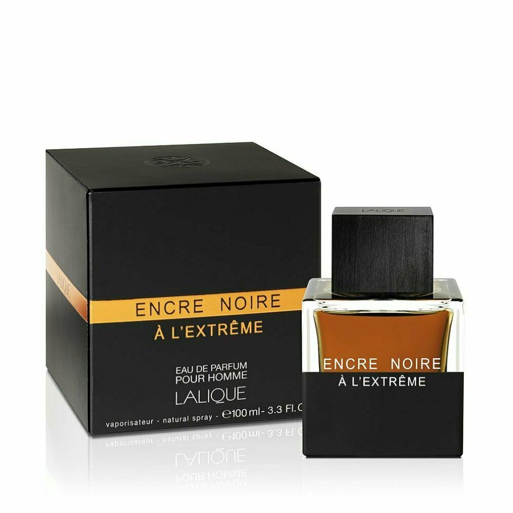 Schwarzer Flakon und Verpackung. Aufschrift: Encre Noire à L'Extreme, Eau de Parfum Pour Homme, Lalique.