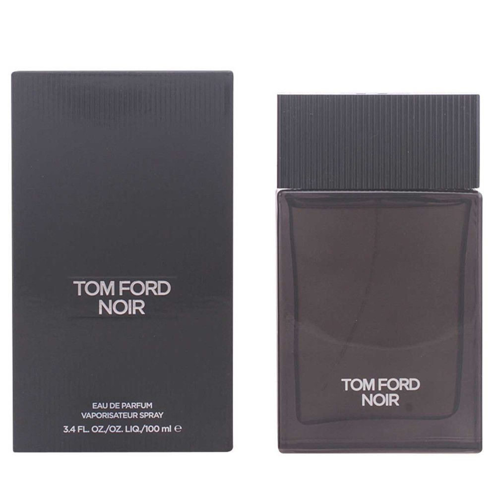 Schwarzer Flakon und Verpackung. Aufschrift TOM FORD NOIR in Weiß. Text auf der Verpackung.