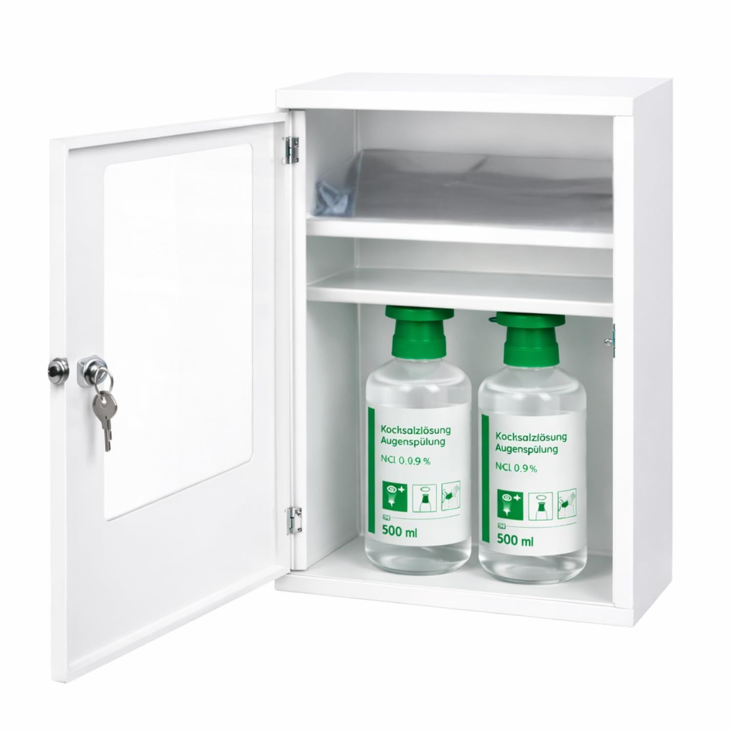 FAP First Aid Products Augenspülschrank mit 2x NaCl 0,9% (500 ml) - Metall, abschließbar, weiß