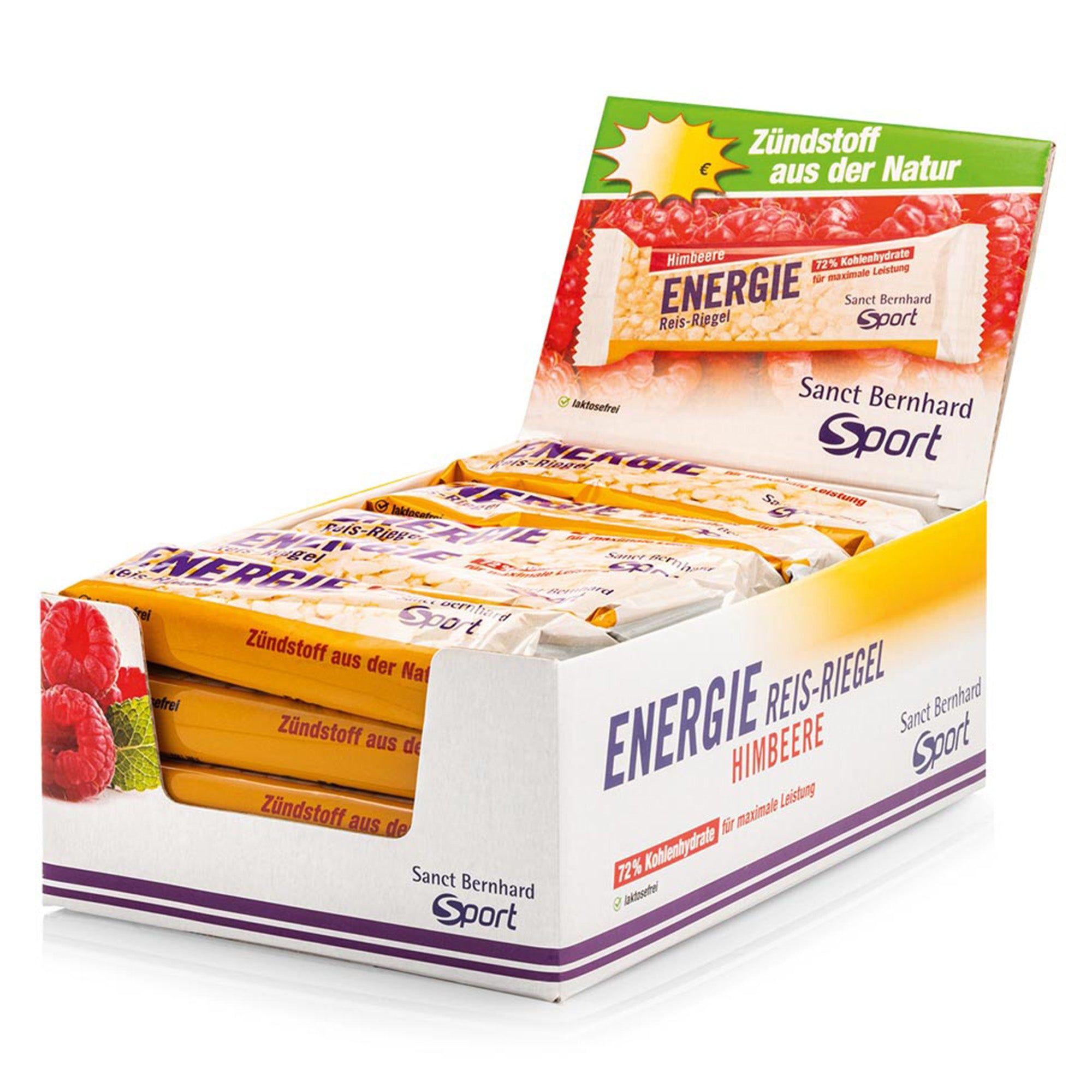 Verpackung mit Sanct Bernhard Sport Energie Reis-Riegeln, Himbeergeschmack.