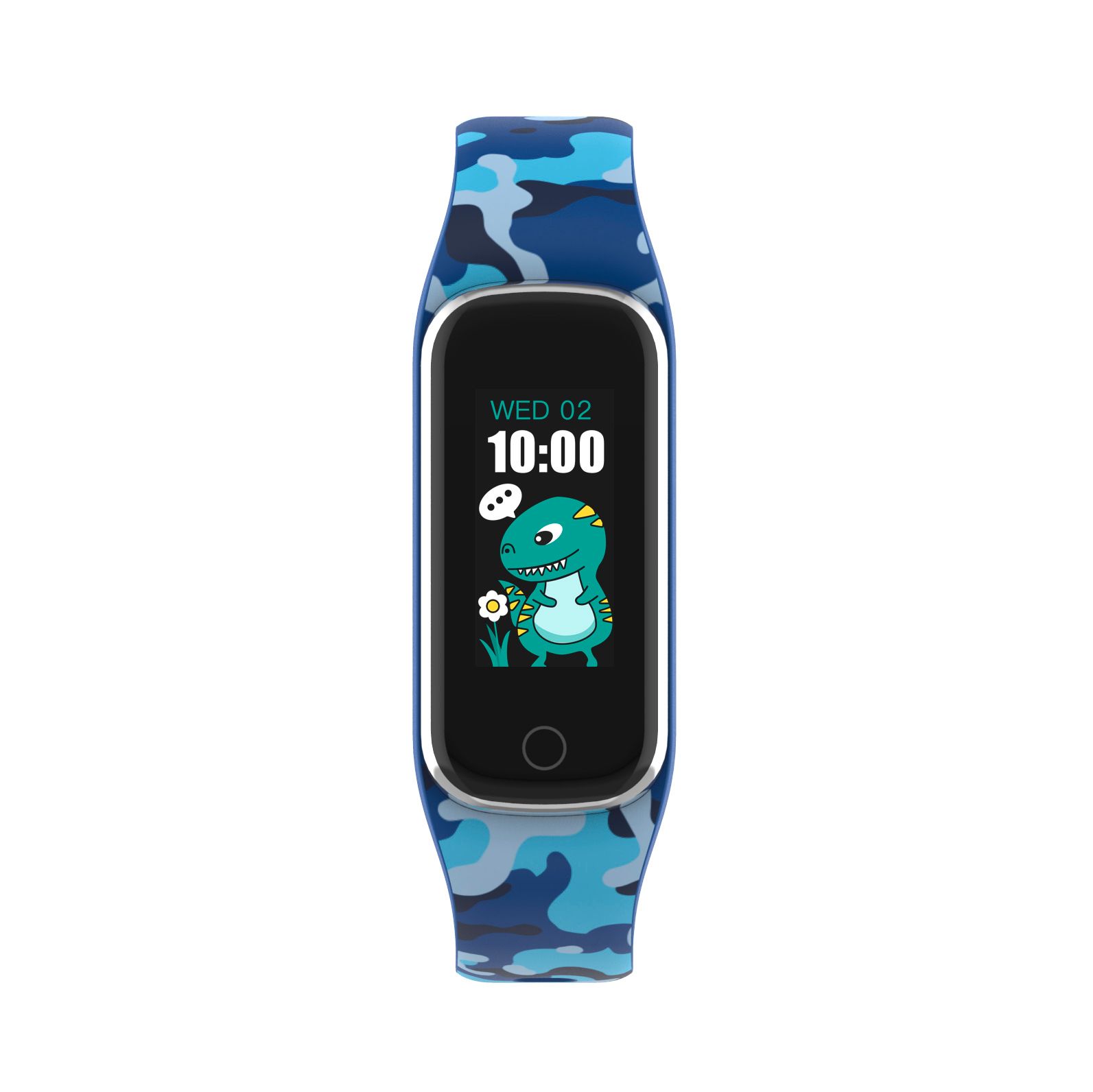 Blaues Fitnessband mit Camouflage-Muster. Rechteckiges Display mit Uhrzeit, Datum und Dinosaurier-Grafik.