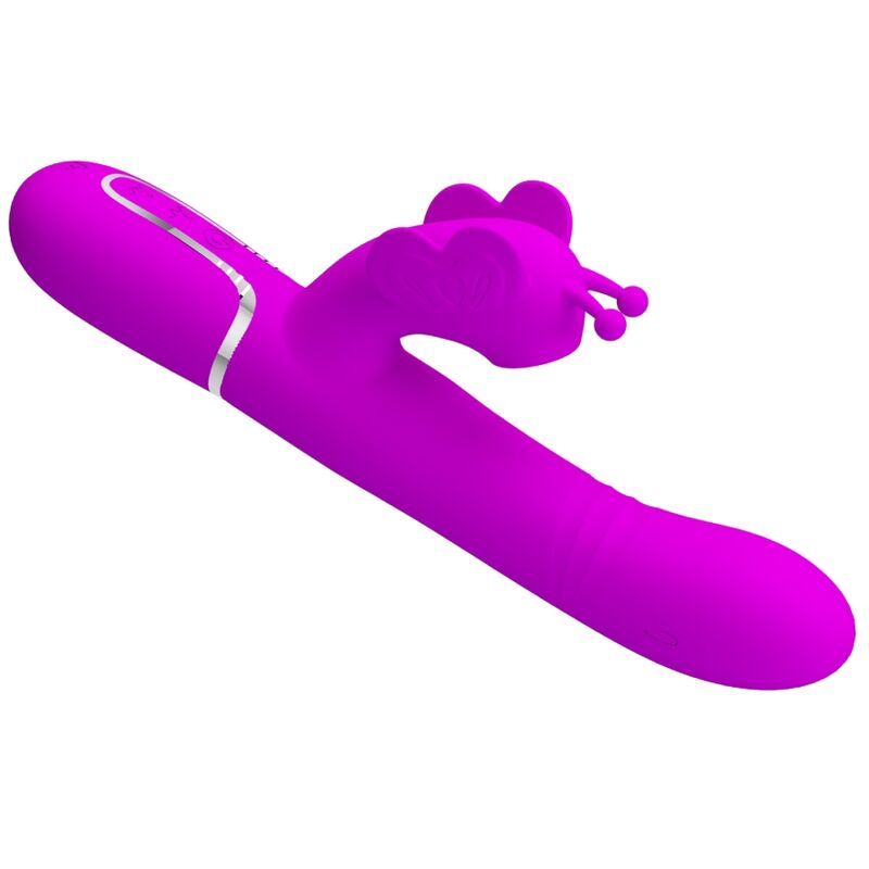 Lila Vibrator mit Hasenohren-Design. Schräge Ansicht. Glatte Oberfläche, silberne Akzente.